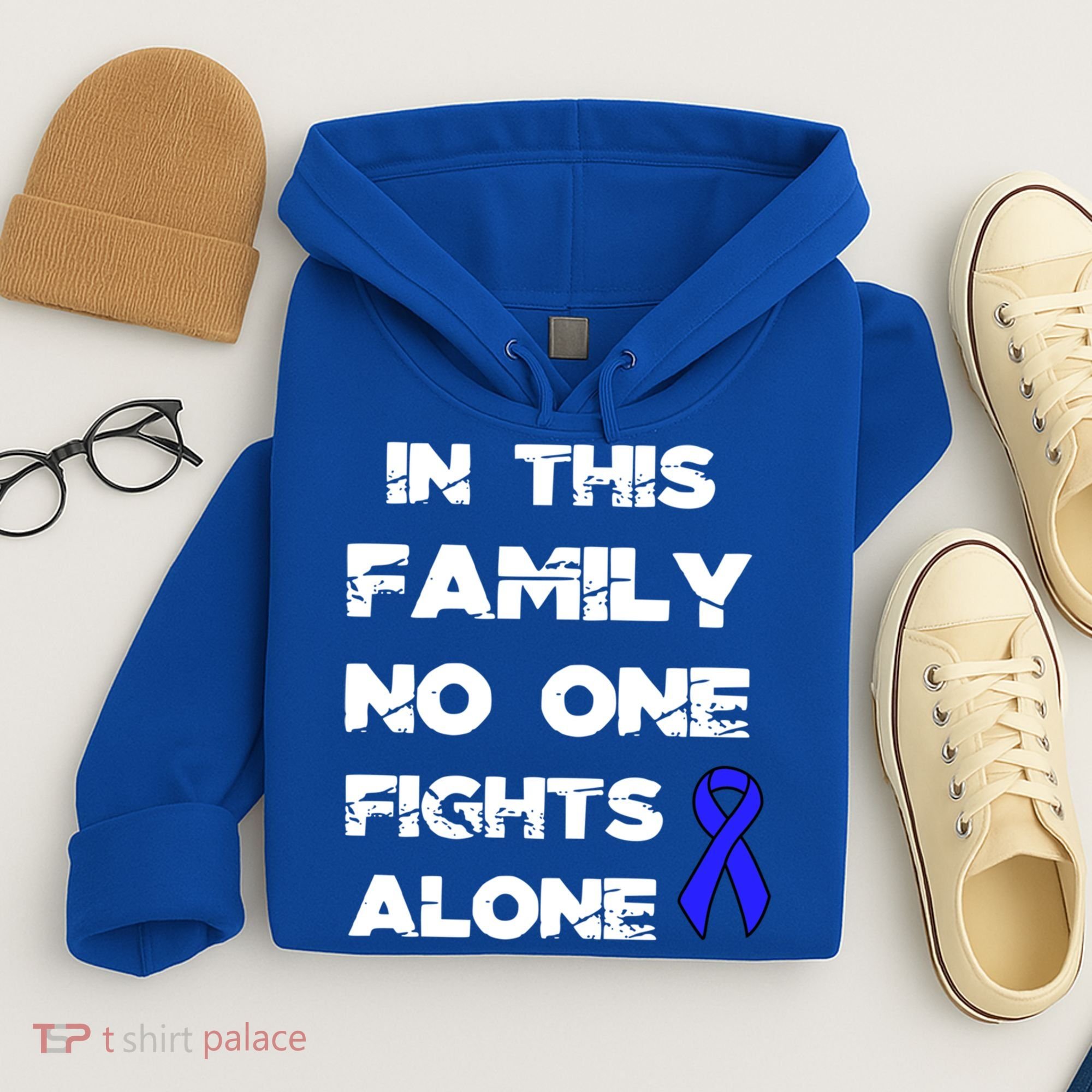 No One Fights Colon Cancer Alone Awareness Blue Ribbon Gift Hoodie