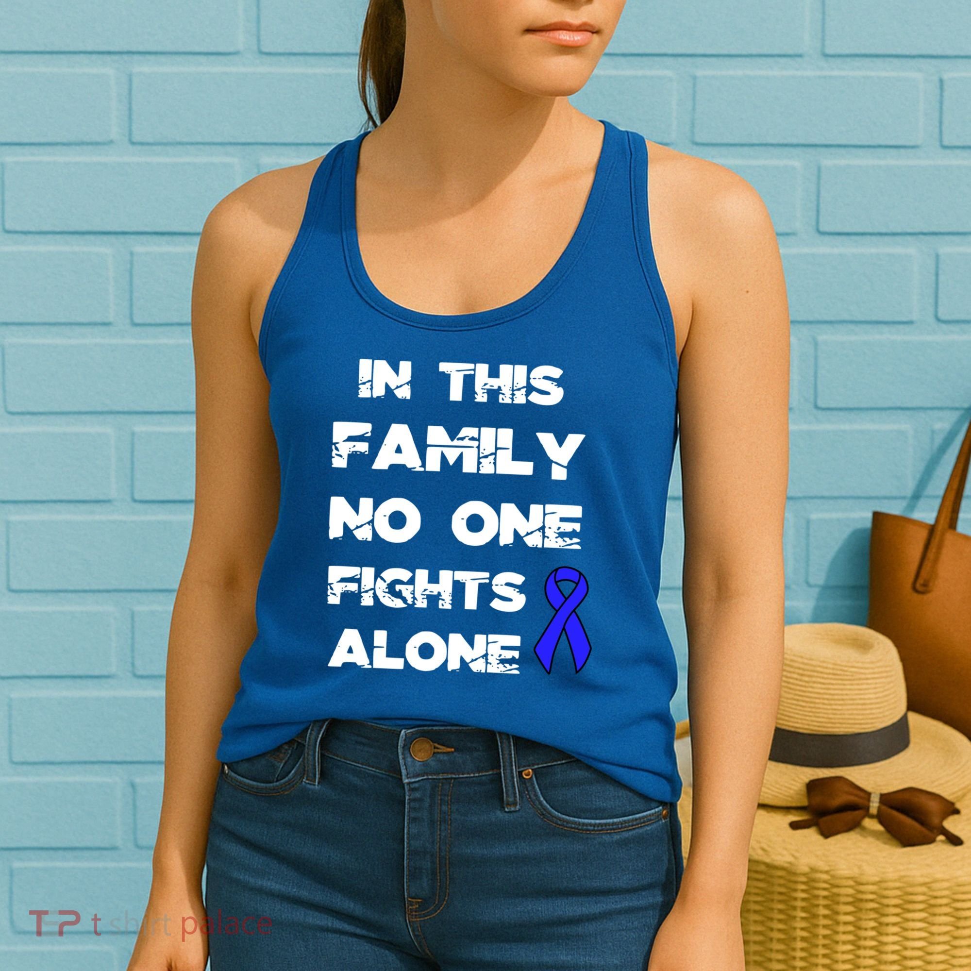 No One Fights Colon Cancer Alone Awareness Blue Ribbon Gift Women's Tank Top