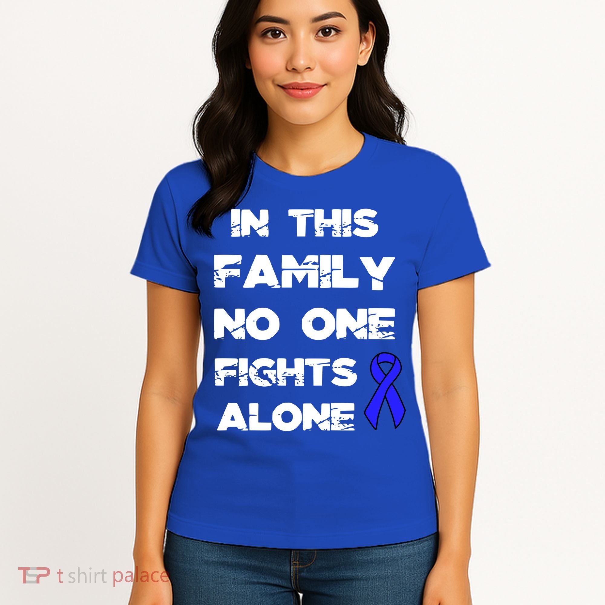 No One Fights Colon Cancer Alone Awareness Blue Ribbon Gift Women's T-Shirt
