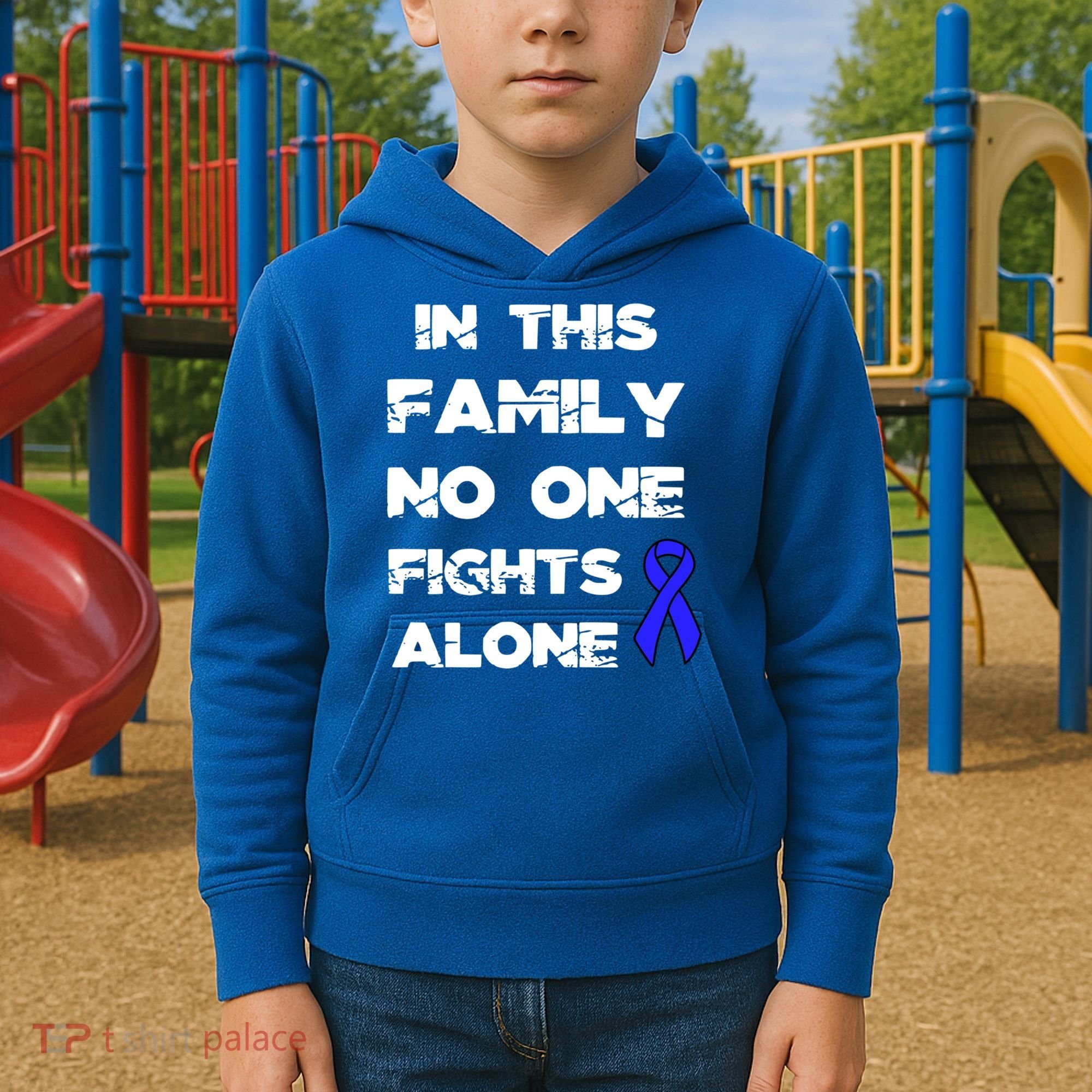 No One Fights Colon Cancer Alone Awareness Blue Ribbon Gift Kids Hoodie