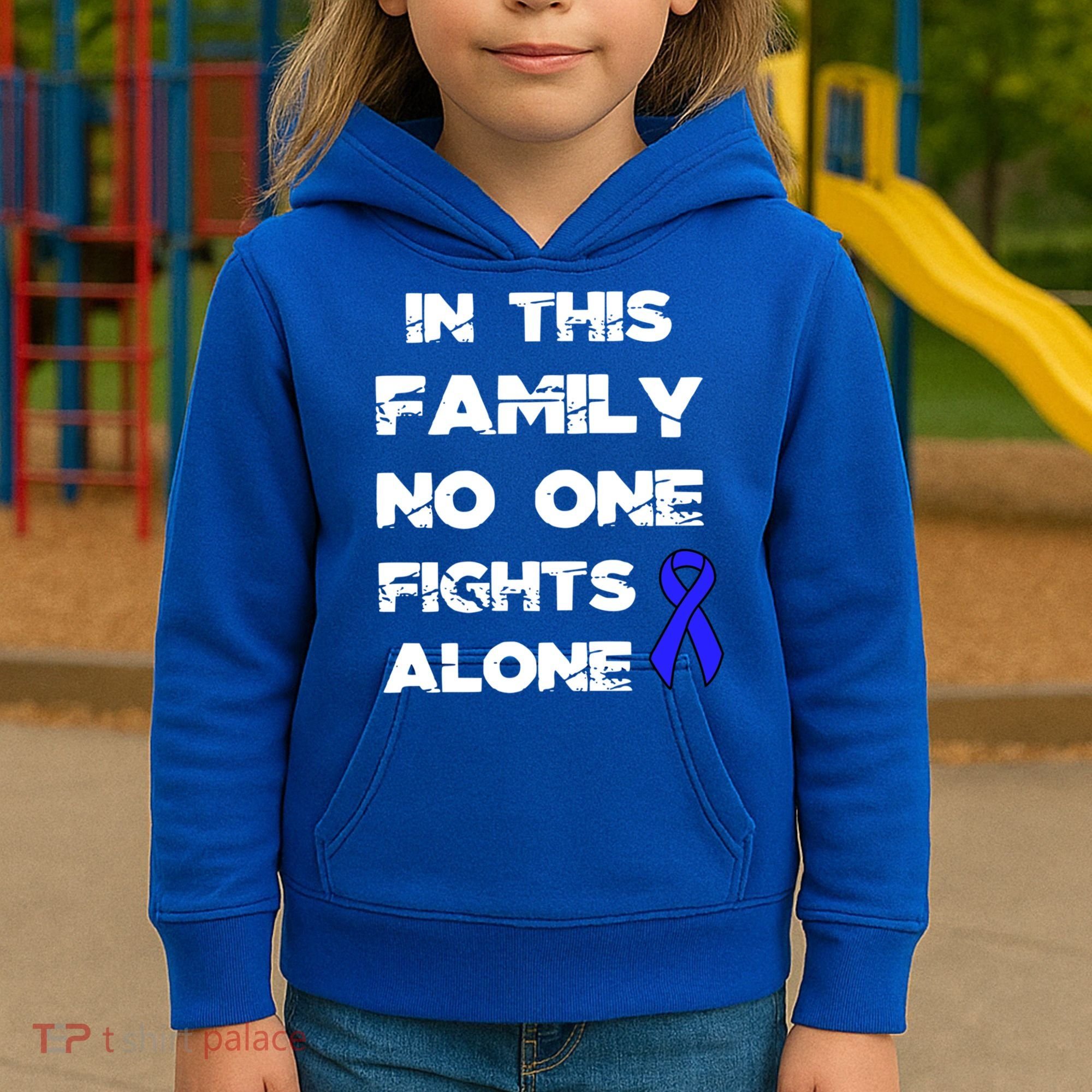 No One Fights Colon Cancer Alone Awareness Blue Ribbon Gift Kids Hoodie