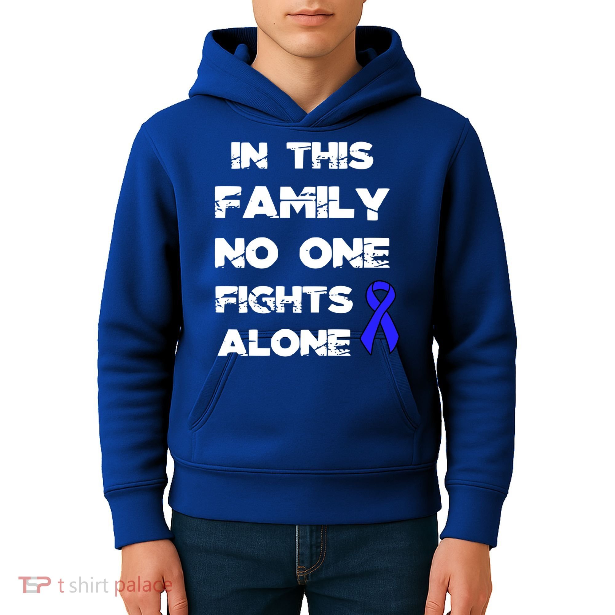No One Fights Colon Cancer Alone Awareness Blue Ribbon Gift Kids Hoodie