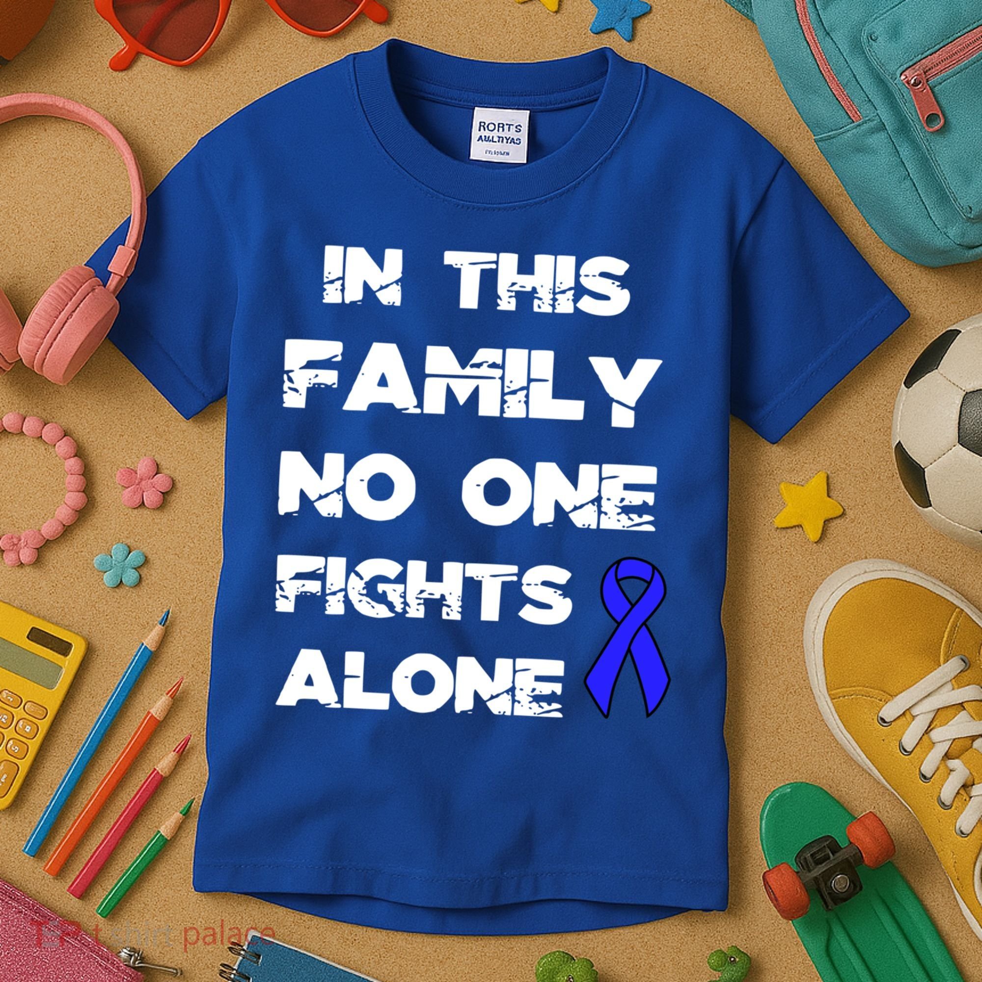 No One Fights Colon Cancer Alone Awareness Blue Ribbon Gift Kids T-Shirt