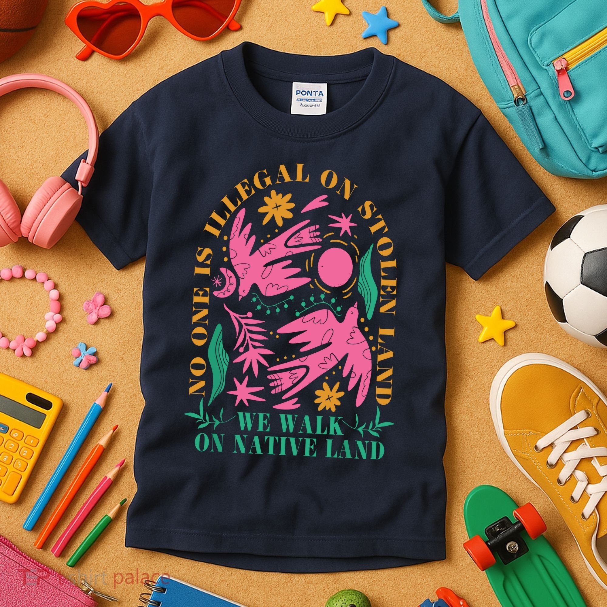 No One Is Illegal On Stolen Land We Walk On Native Land Kids T-Shirt