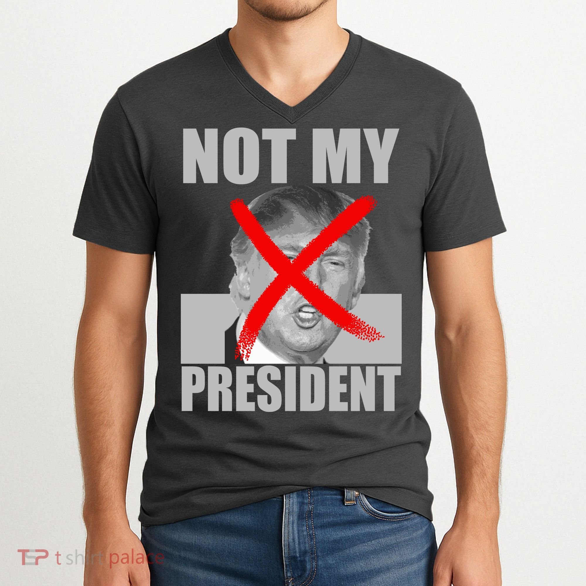 Not My President Red X Spray Paint Anti-Trump V-Neck T-Shirt
