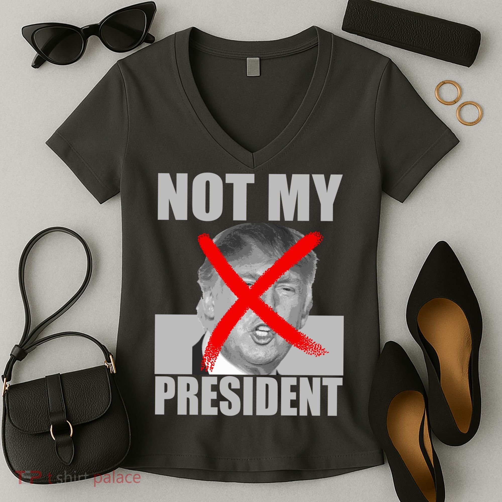 Not My President Red X Spray Paint Anti-Trump Women's V-Neck T-Shirt