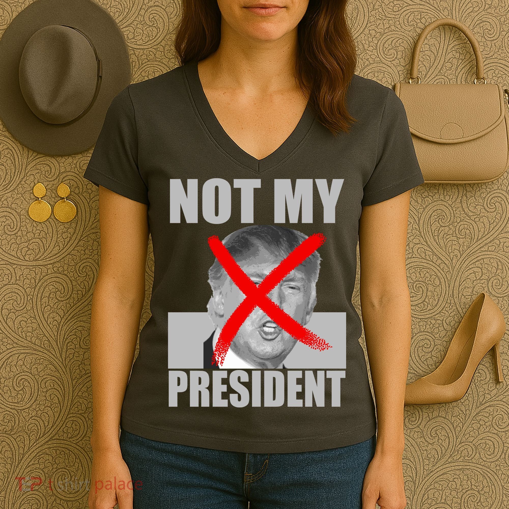 Not My President Red X Spray Paint Anti-Trump Women's V-Neck T-Shirt