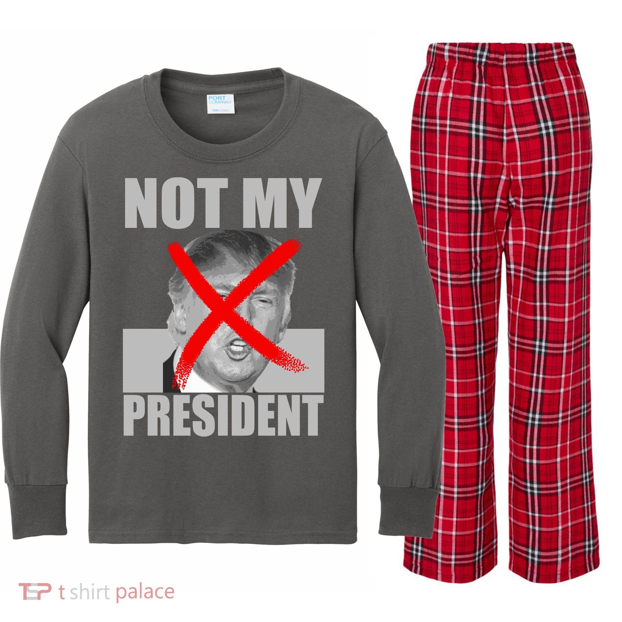 Not My President Red X Spray Paint Anti-Trump Kids Long Sleeve Plaid Pajama Set