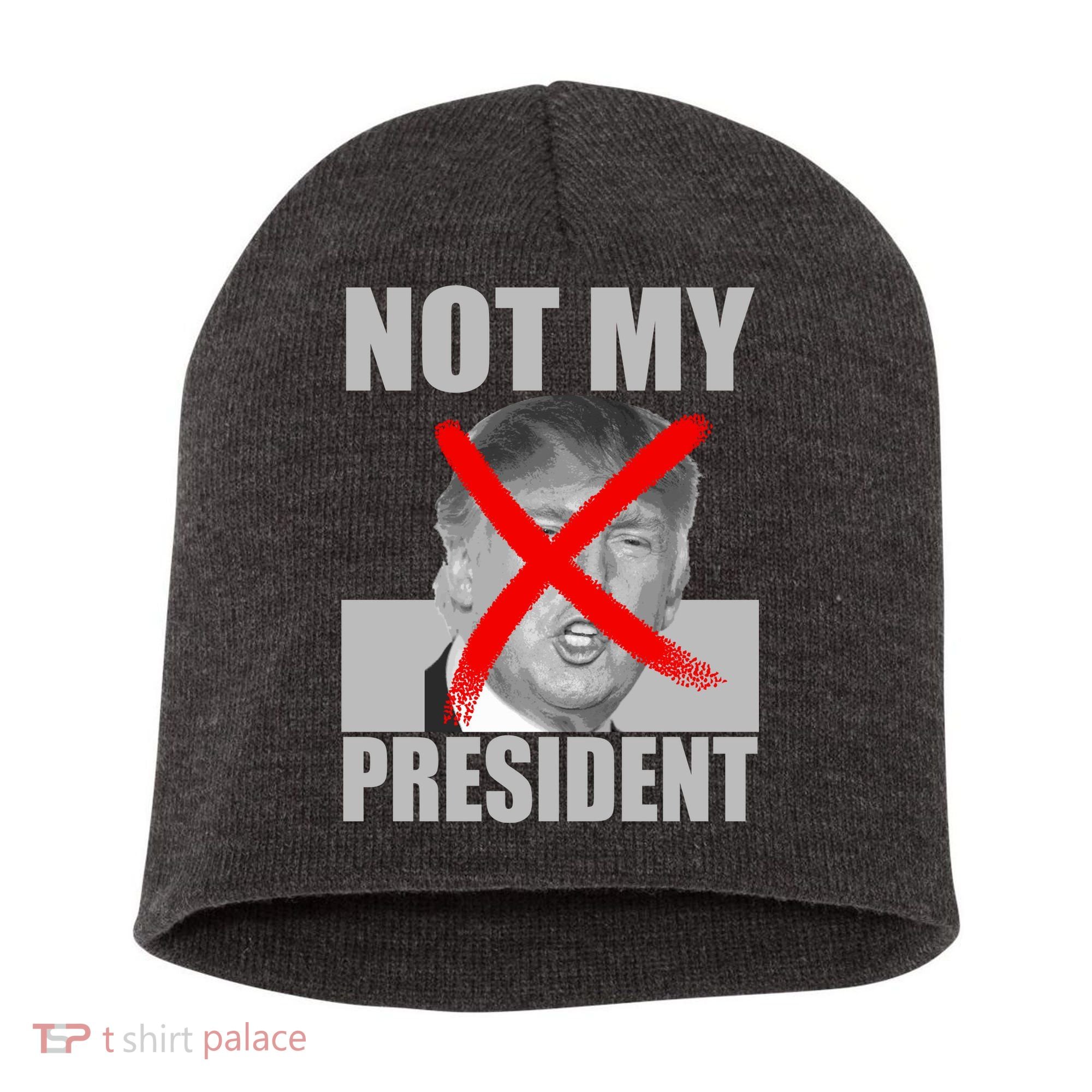 Not My President Red X Spray Paint Anti-Trump Short Acrylic Beanie