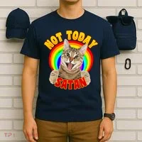 Not Today Satan Funny Cat Rainbow T-Shirt thumb 6