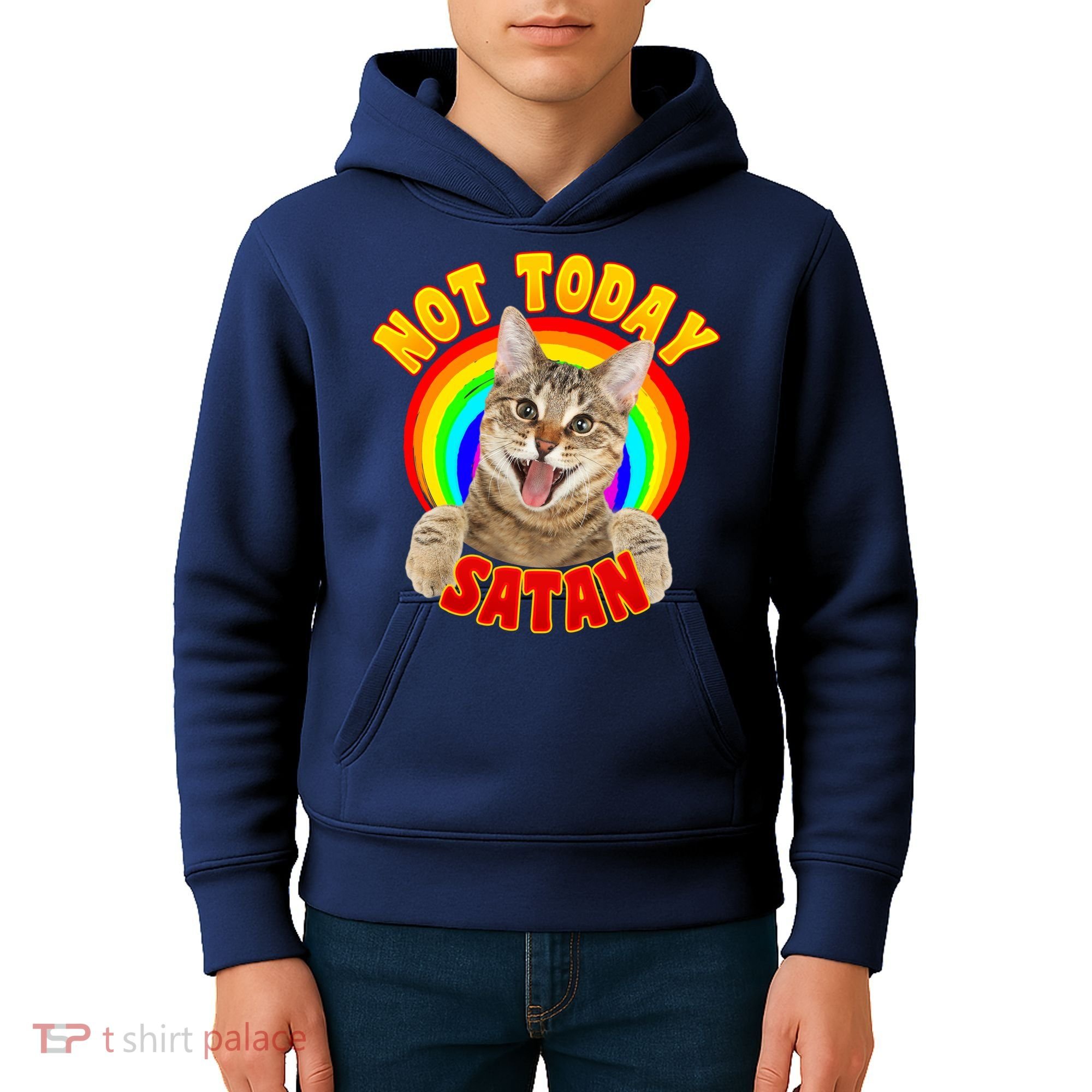 Not Today Satan Funny Cat Rainbow Kids Hoodie