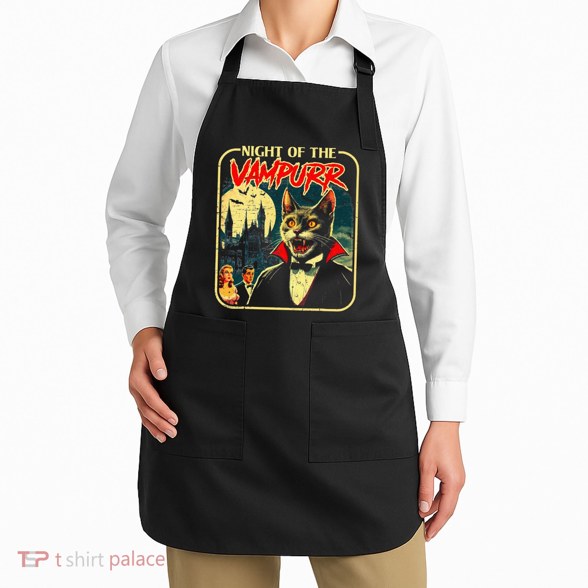 Night Of The Vampurr Funny Cat Halloween Apron
