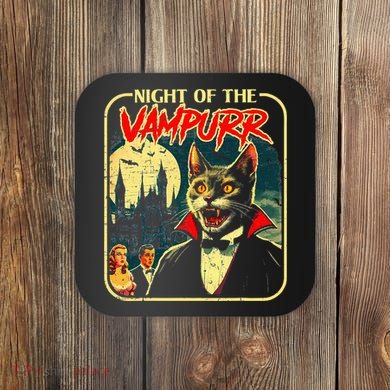 Night Of The Vampurr Funny Cat Halloween Coaster