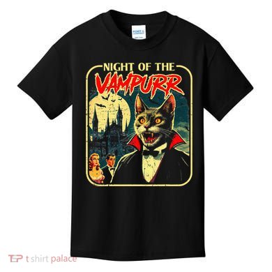 Night Of The Vampurr Funny Cat Halloween Kids T-Shirt