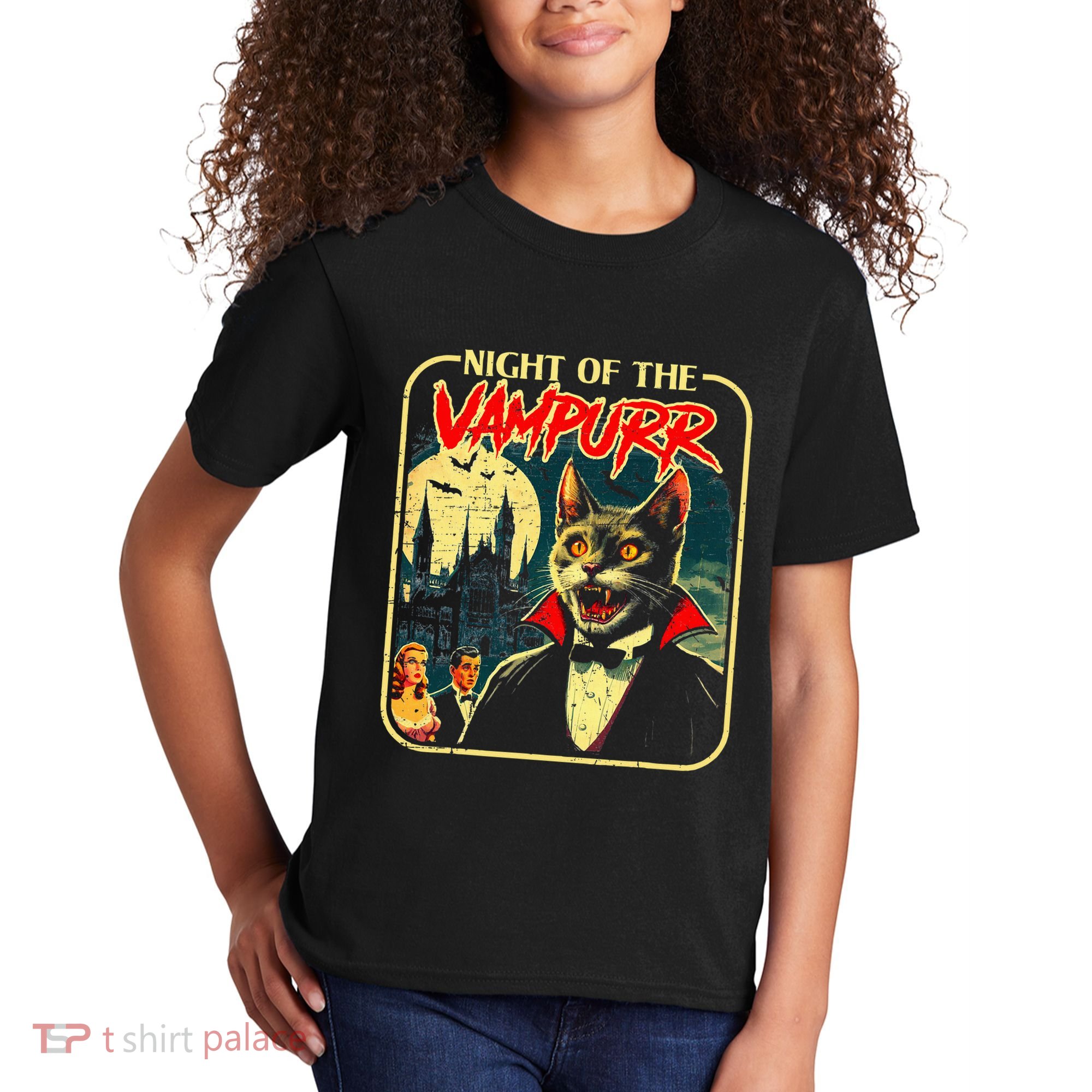 Night Of The Vampurr Funny Cat Halloween Kids T-Shirt