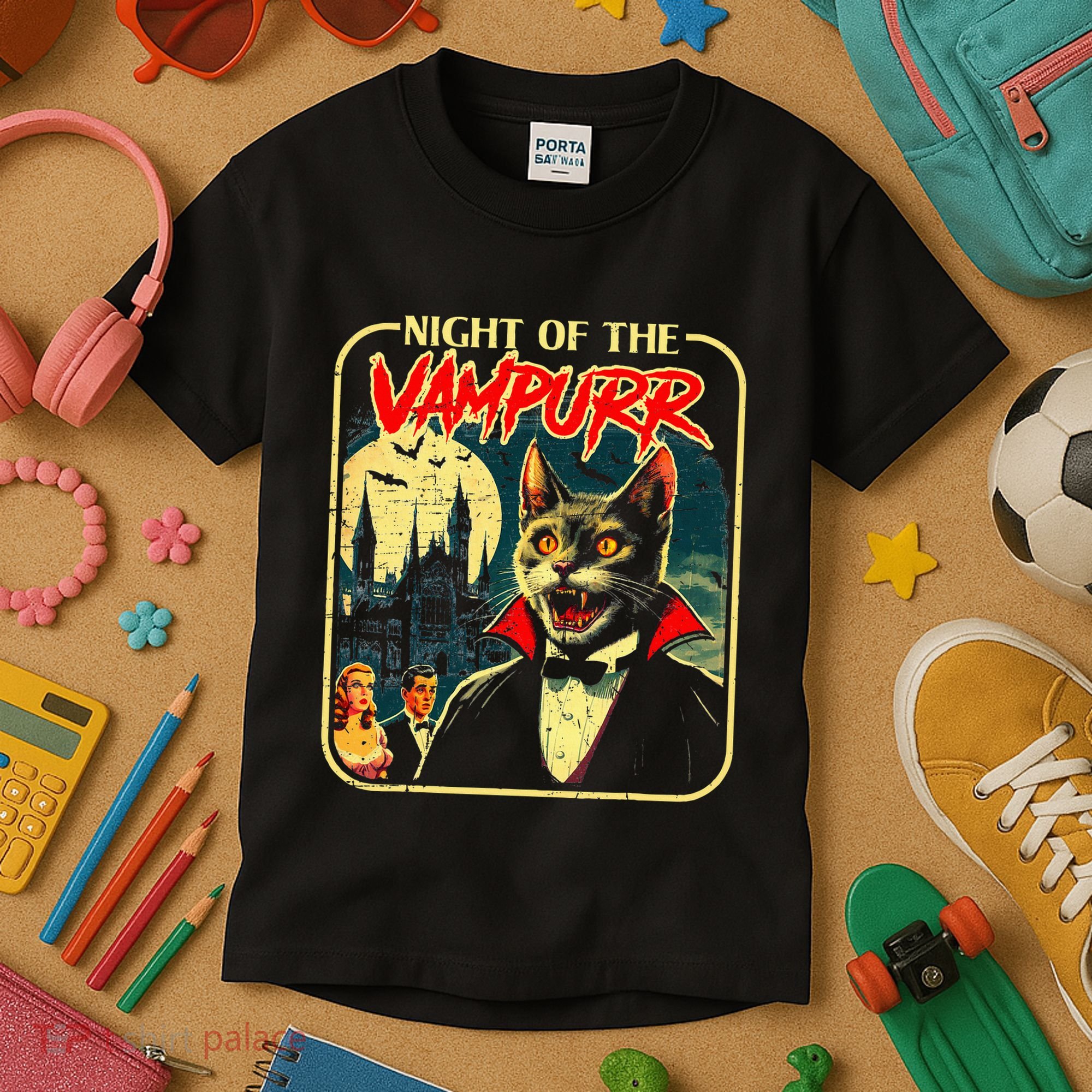 Night Of The Vampurr Funny Cat Halloween Kids T-Shirt