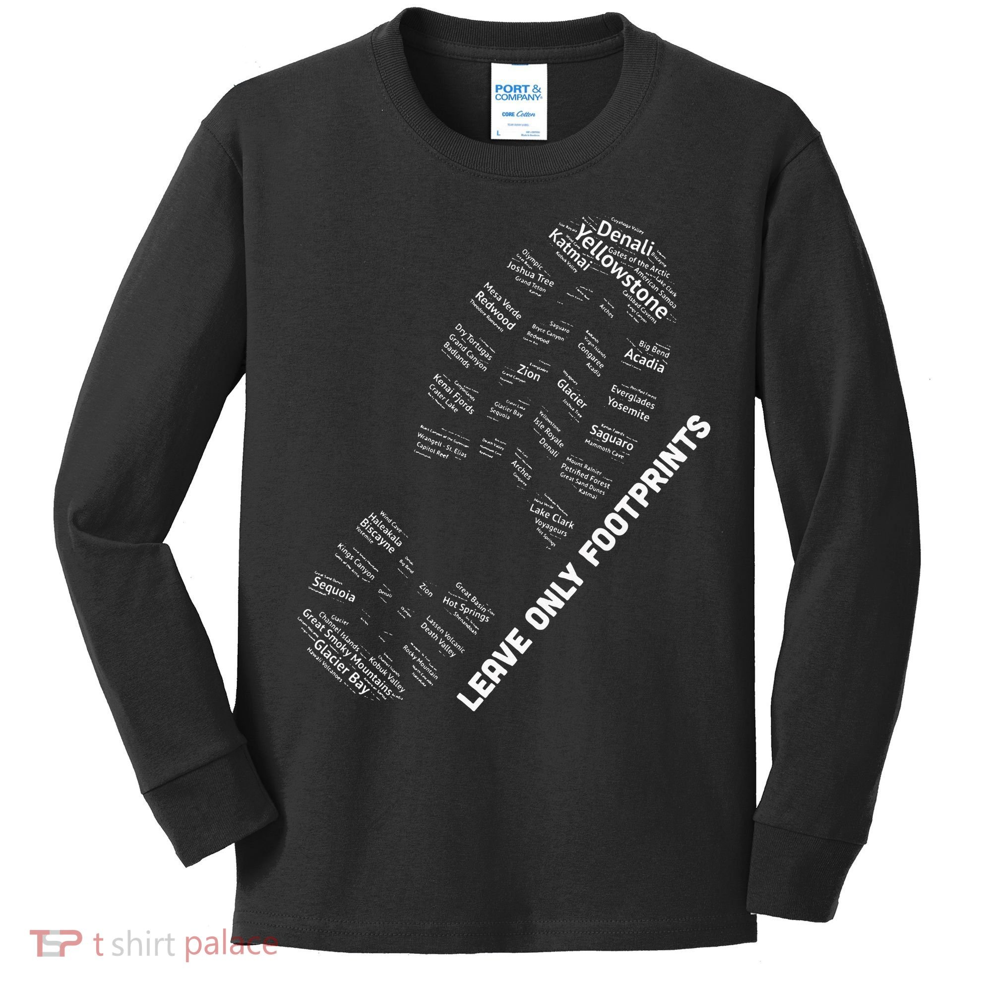 National Parks Boot Print Listing All National Parks Kids Long Sleeve Shirt