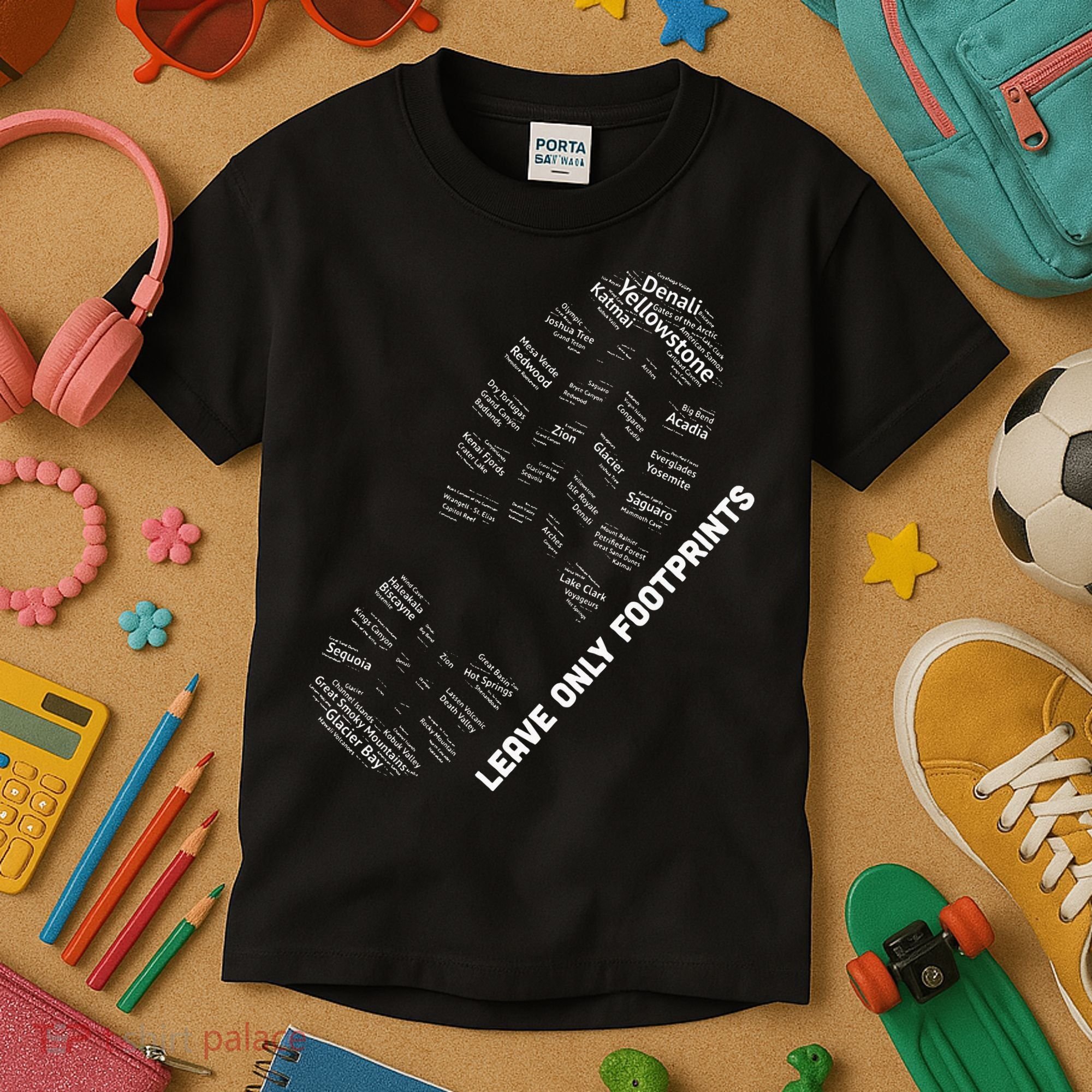 National Parks Boot Print Listing All National Parks Kids T-Shirt