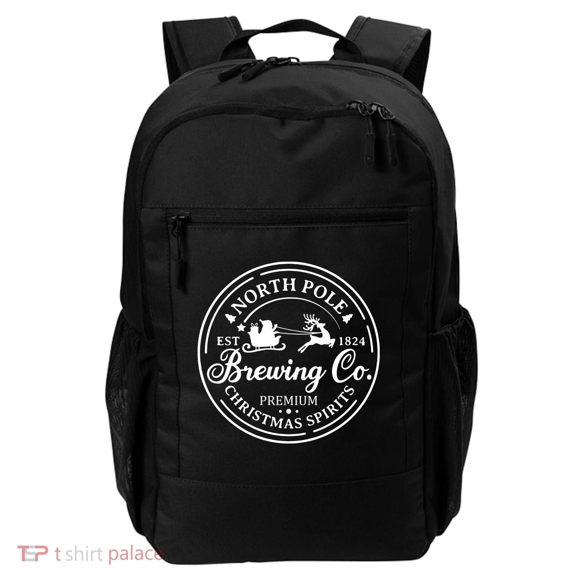 North Pole Brewing Co Shirt Santa Sleigh Rides Christmas Backpack