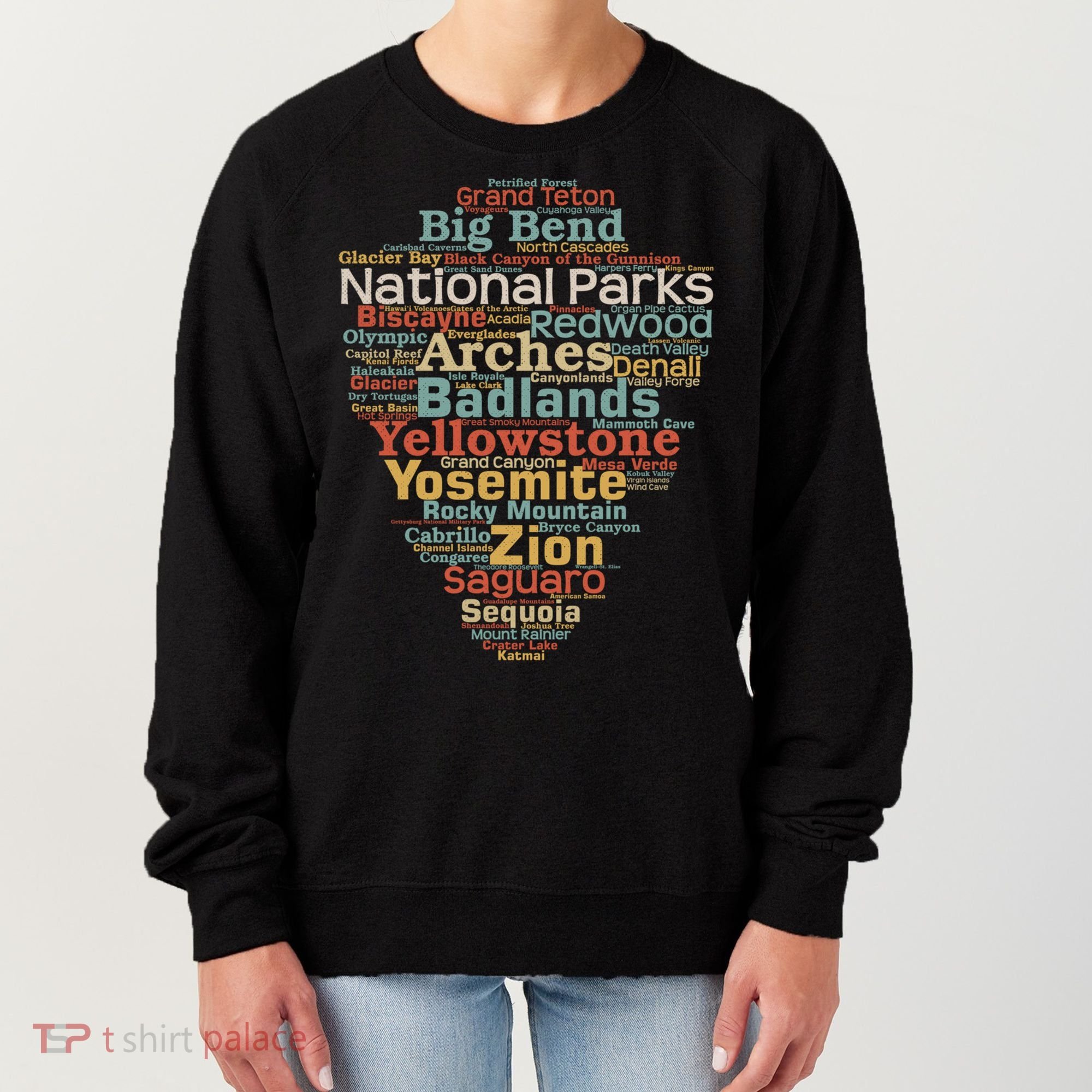 National Parks List Word Cloud Camping Hiking Gift Women's Sweatshirt