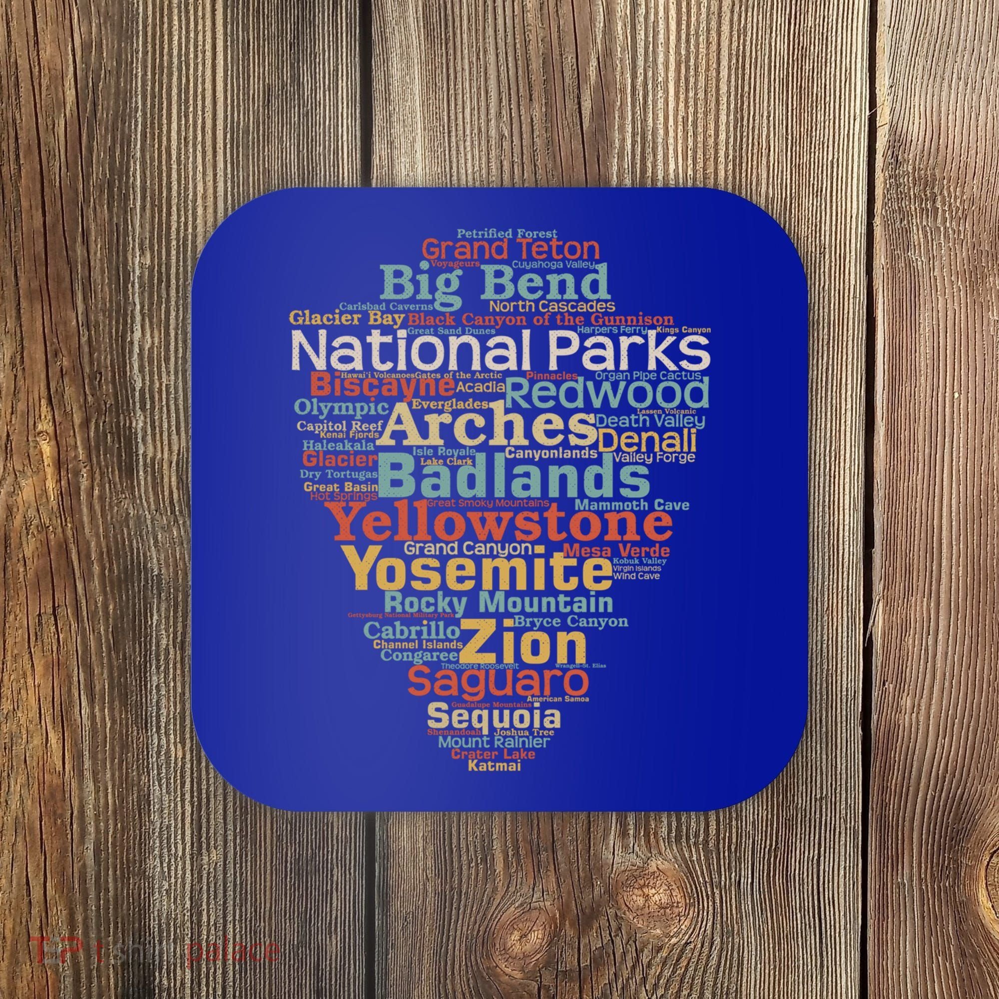 National Parks List Word Cloud Camping Hiking Gift Coaster