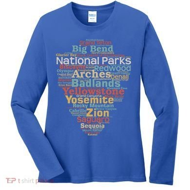 National Parks List Word Cloud Camping Hiking Gift Women's Long Sleeve Shirt