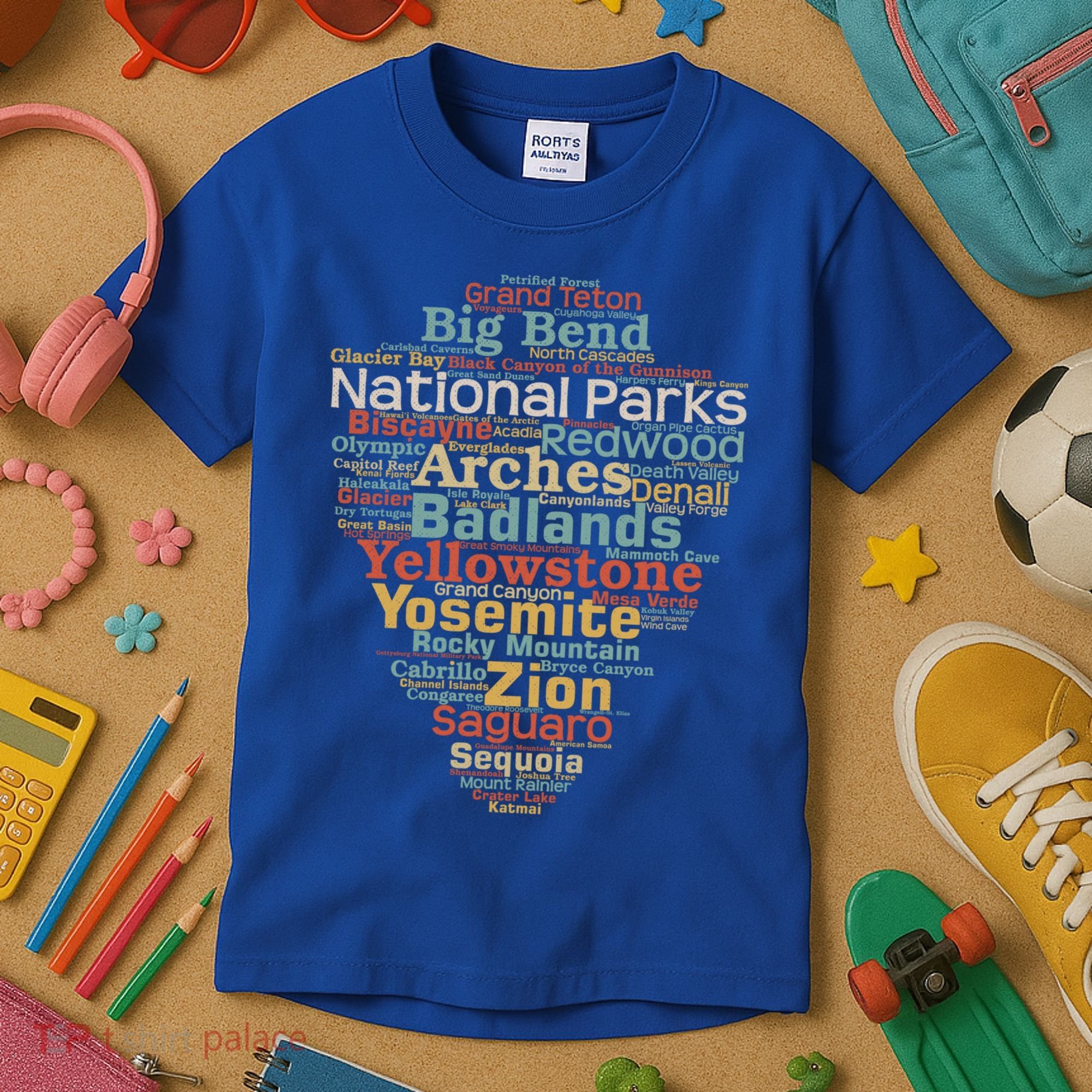 National Parks List Word Cloud Camping Hiking Gift Kids T-Shirt