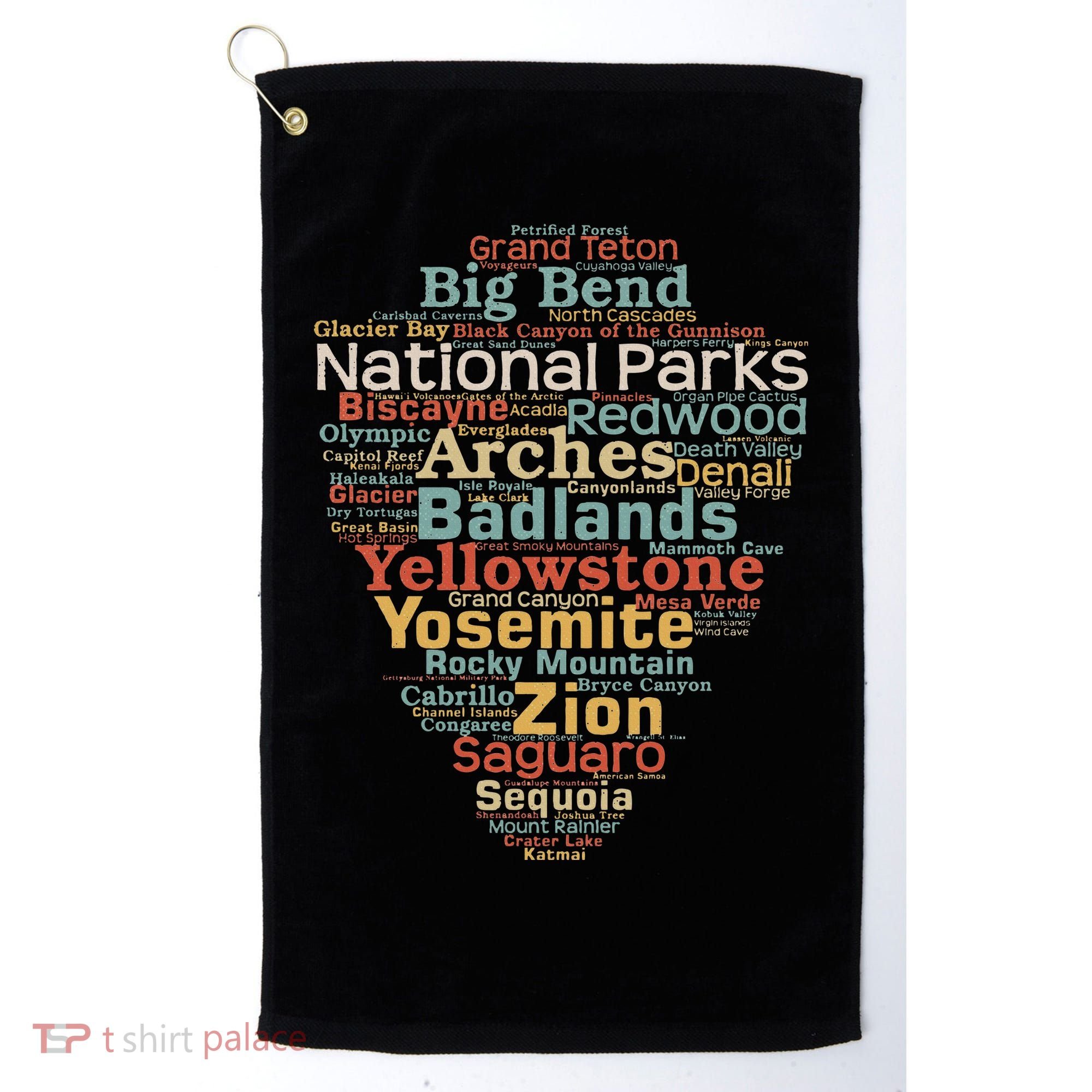 National Parks List Word Cloud Camping Hiking Golf Towel