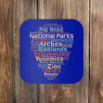 National Parks List Word Cloud Camping Hiking Coaster