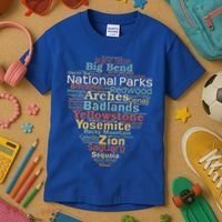 National Parks List Word Cloud Camping Hiking Kids T-Shirt thumb 3
