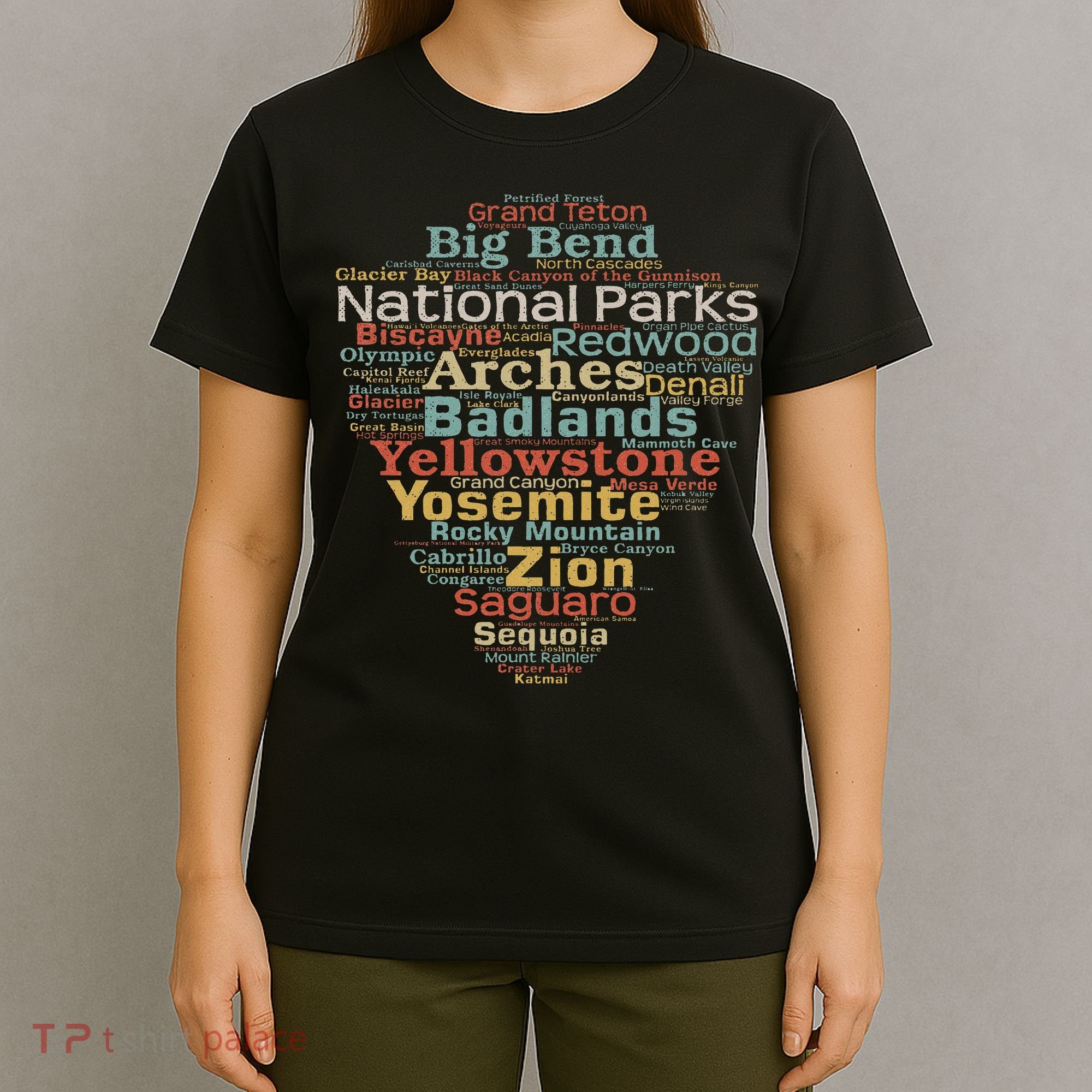 National Parks List Word Cloud Camping Hiking Women T-Shirt