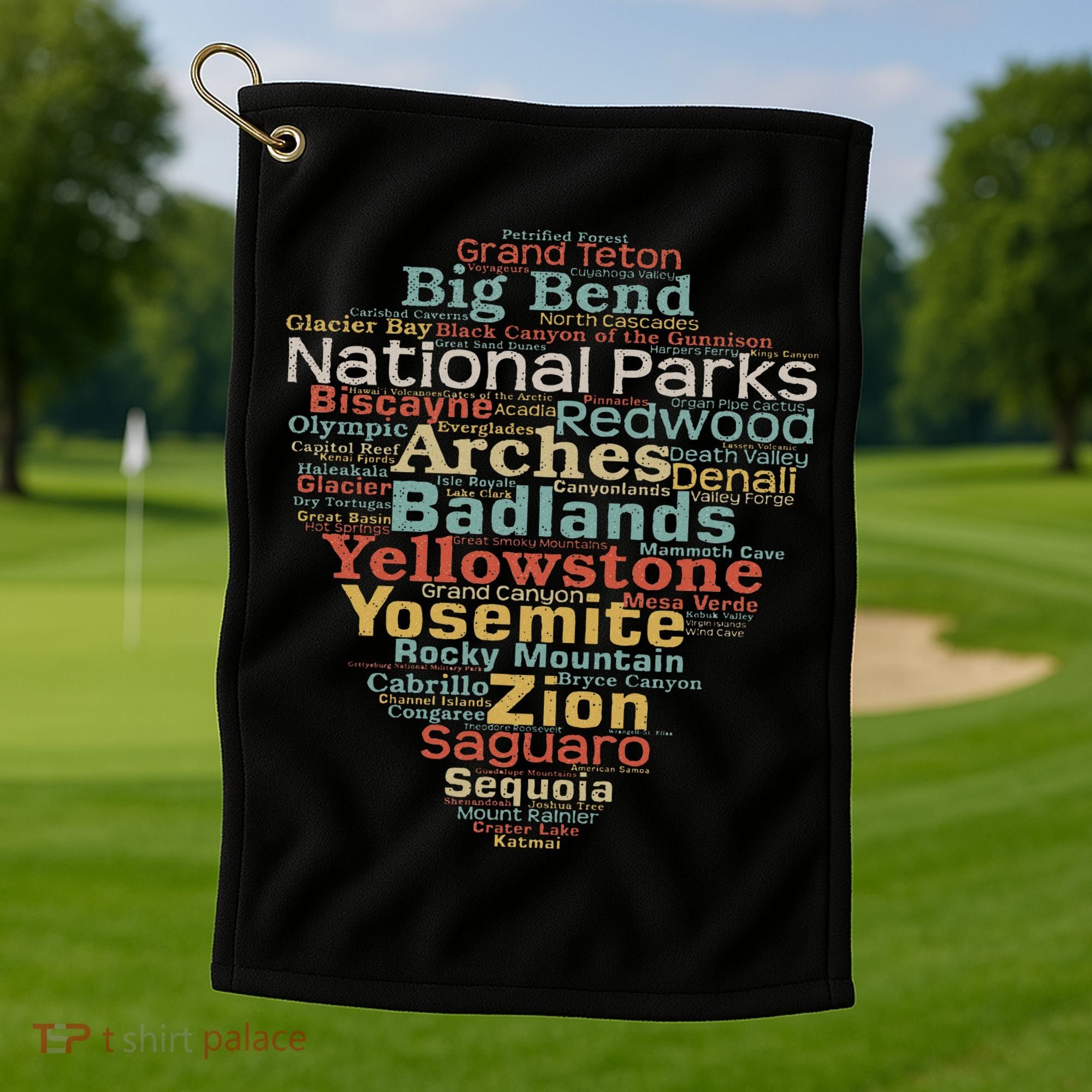 National Parks List Word Cloud Camping Hiking Women Golf Towel