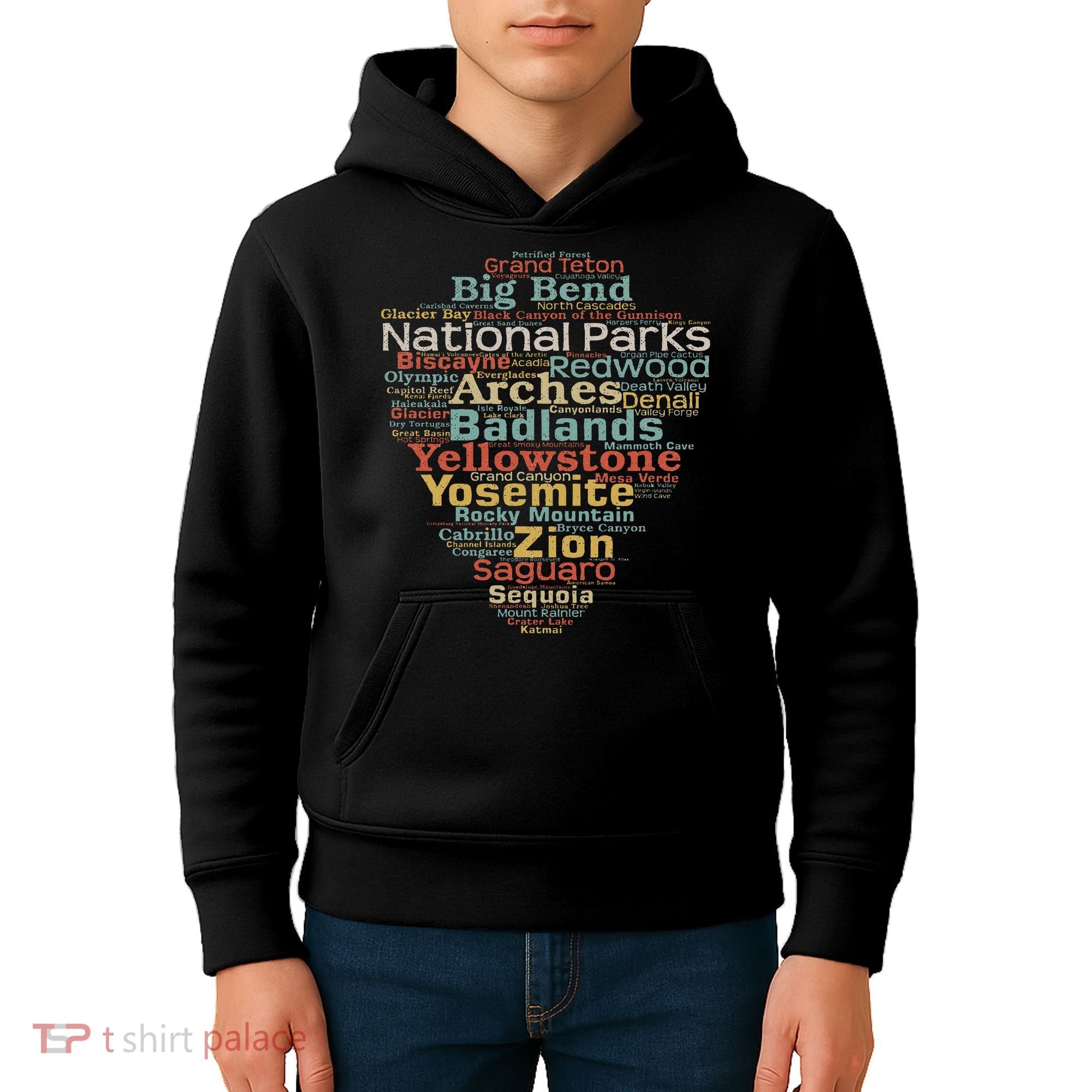National Parks List Word Cloud Camping Hiking Women Kids Hoodie