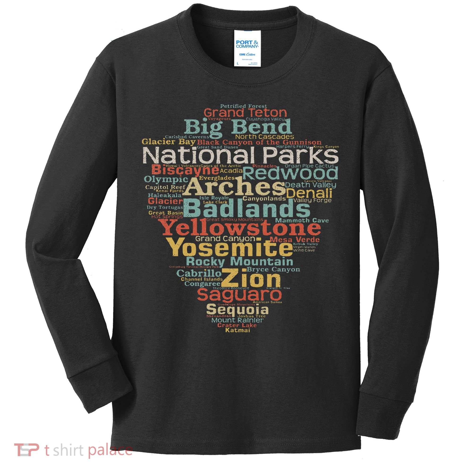National Parks List Word Cloud Camping Hiking Women Kids Long Sleeve Shirt