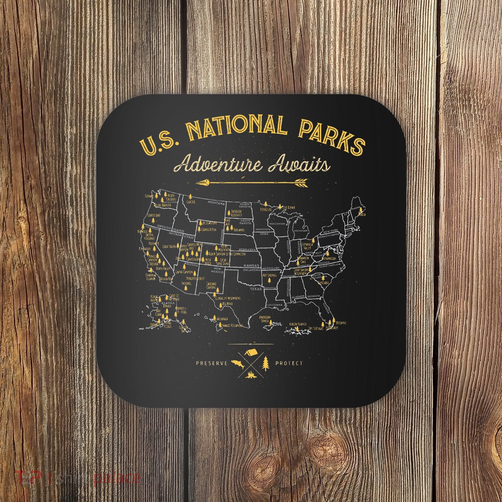 National Parks Map Camping Hiking Coaster