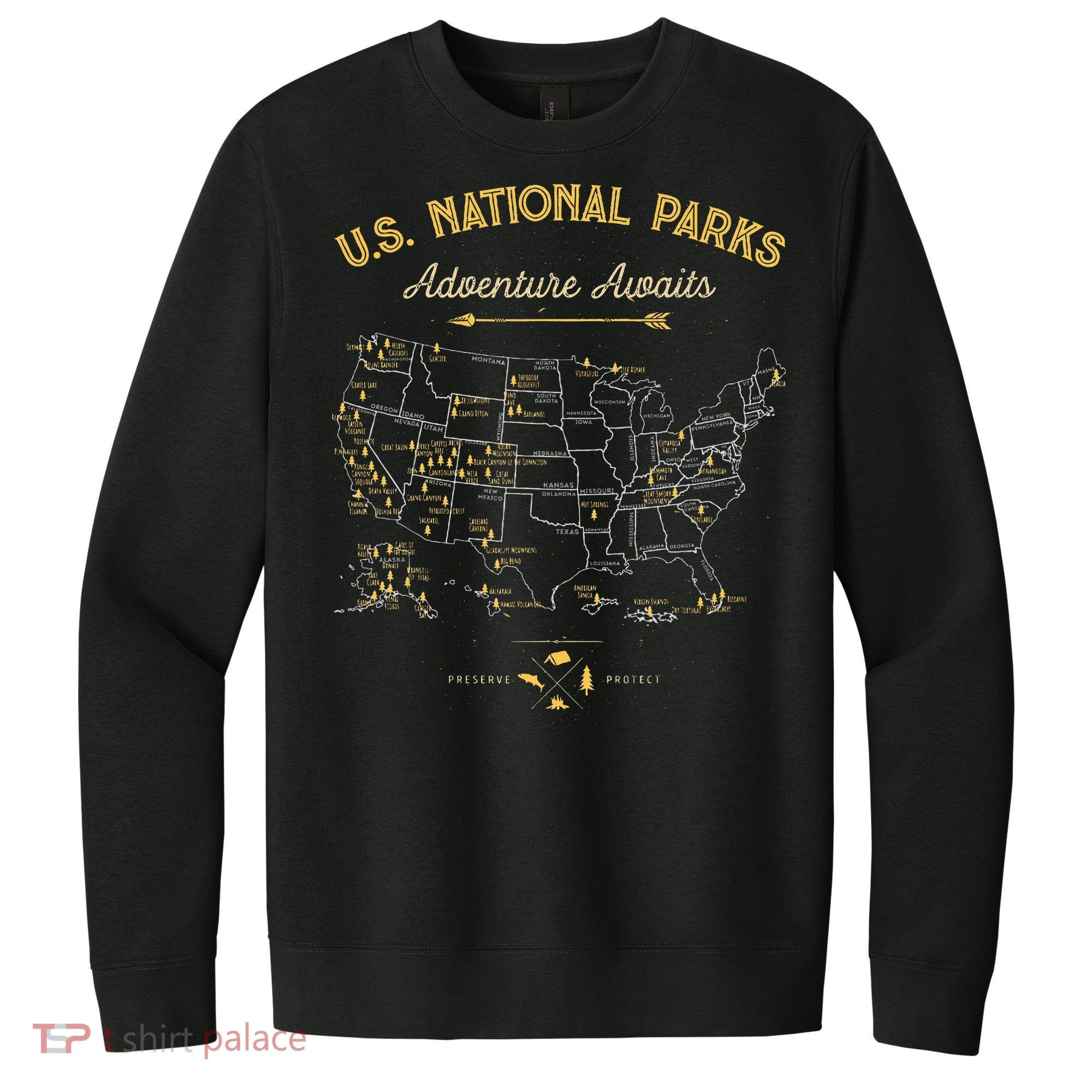 National Parks Map Camping Hiking V.I.T. Fleece Crew Sweatshirt
