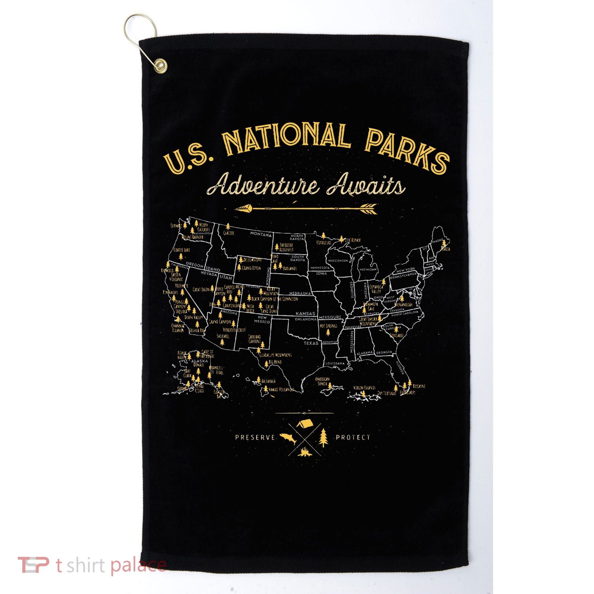 National Parks Map Camping Hiking Golf Towel