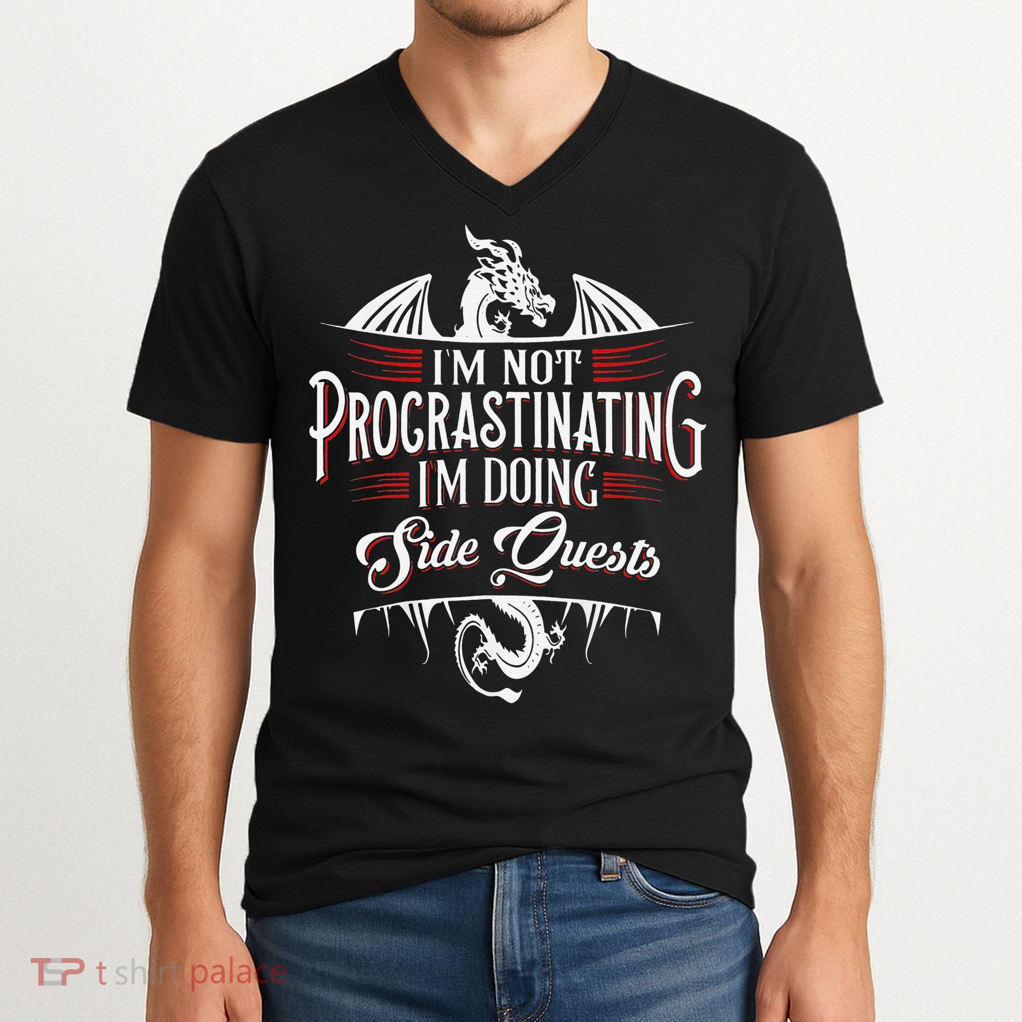Not Procrastinating Side Quests Funny RPG Gamer Dragons  V-Neck T-Shirt