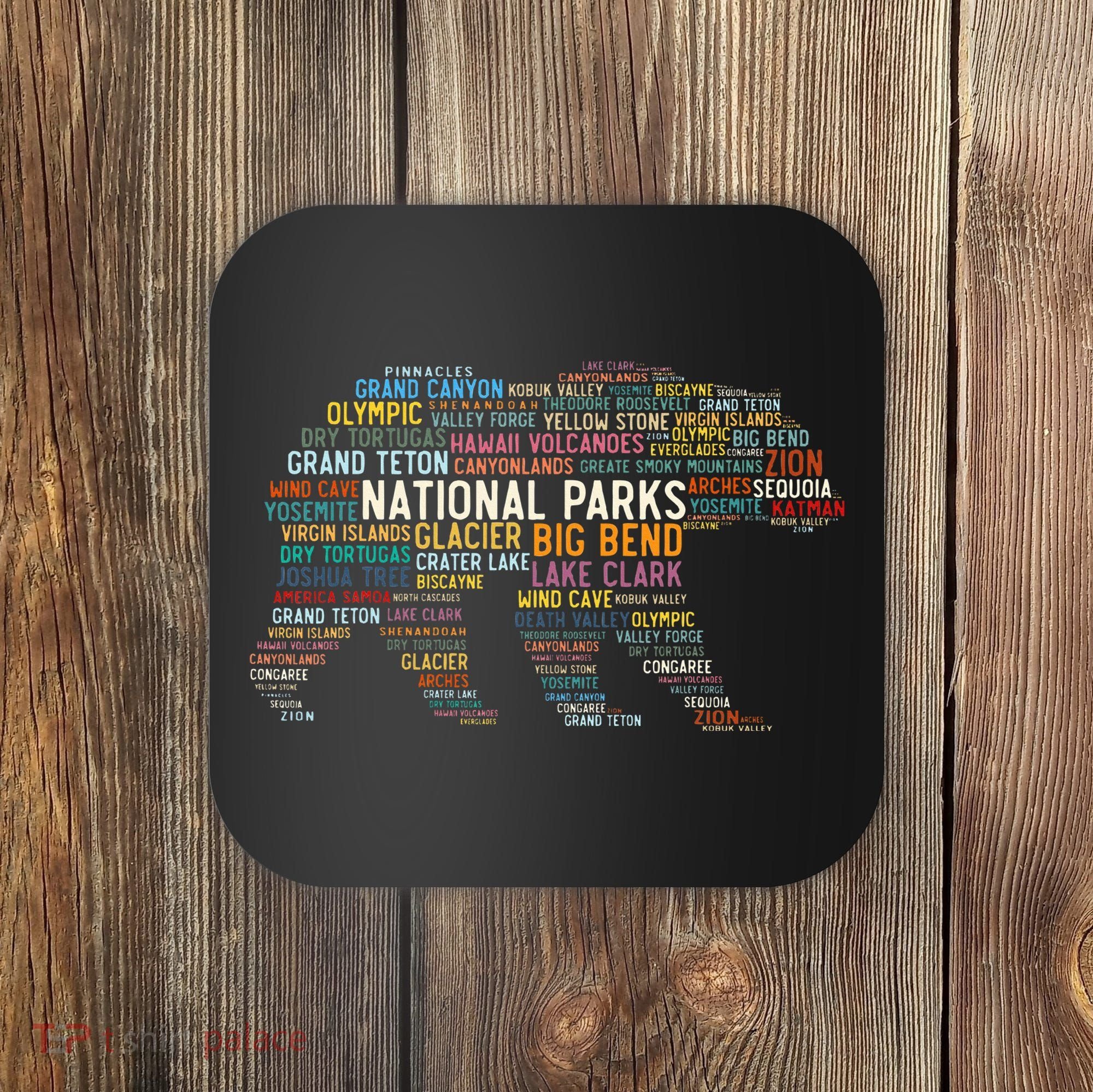 National Parks Usa List Word Cloud Bear Camping & Hiking Coaster