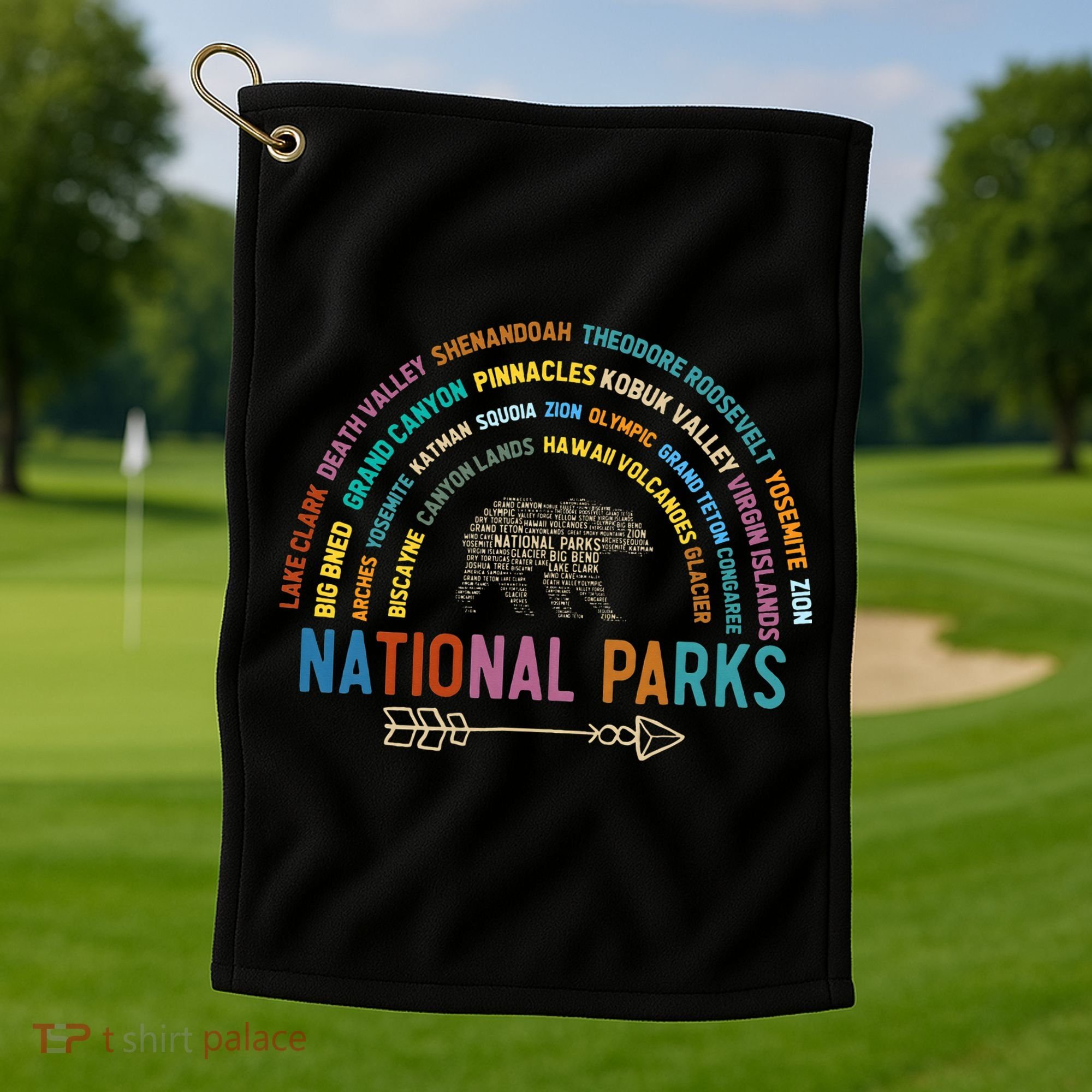 National Parks USA List Word Cloud Bear Camping Golf Towel
