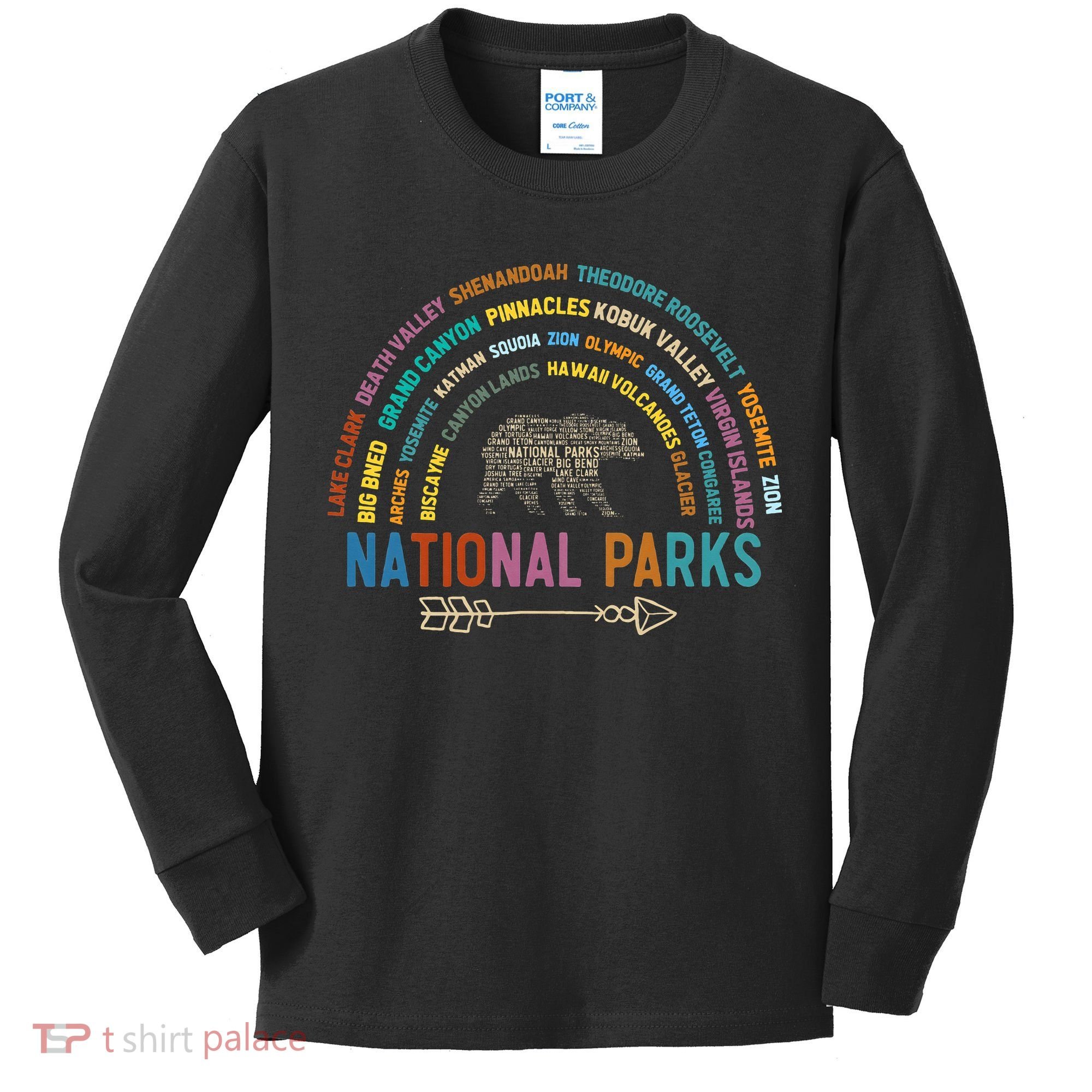 National Parks USA List Word Cloud Bear Camping Kids Long Sleeve Shirt