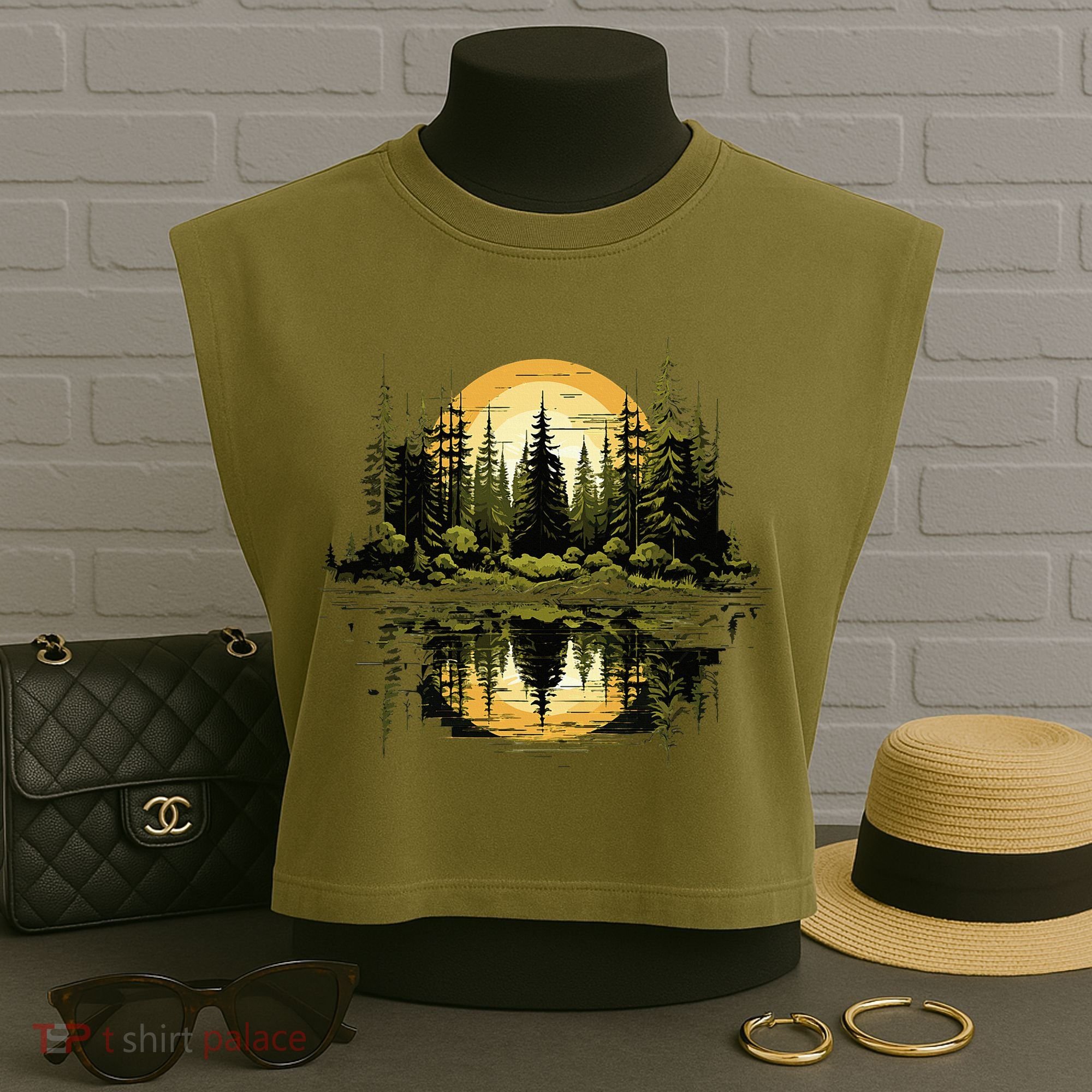 Nature Reflection Forest Trees Outdoor Wildlife Garment-Dyed Women's Muscle Tee