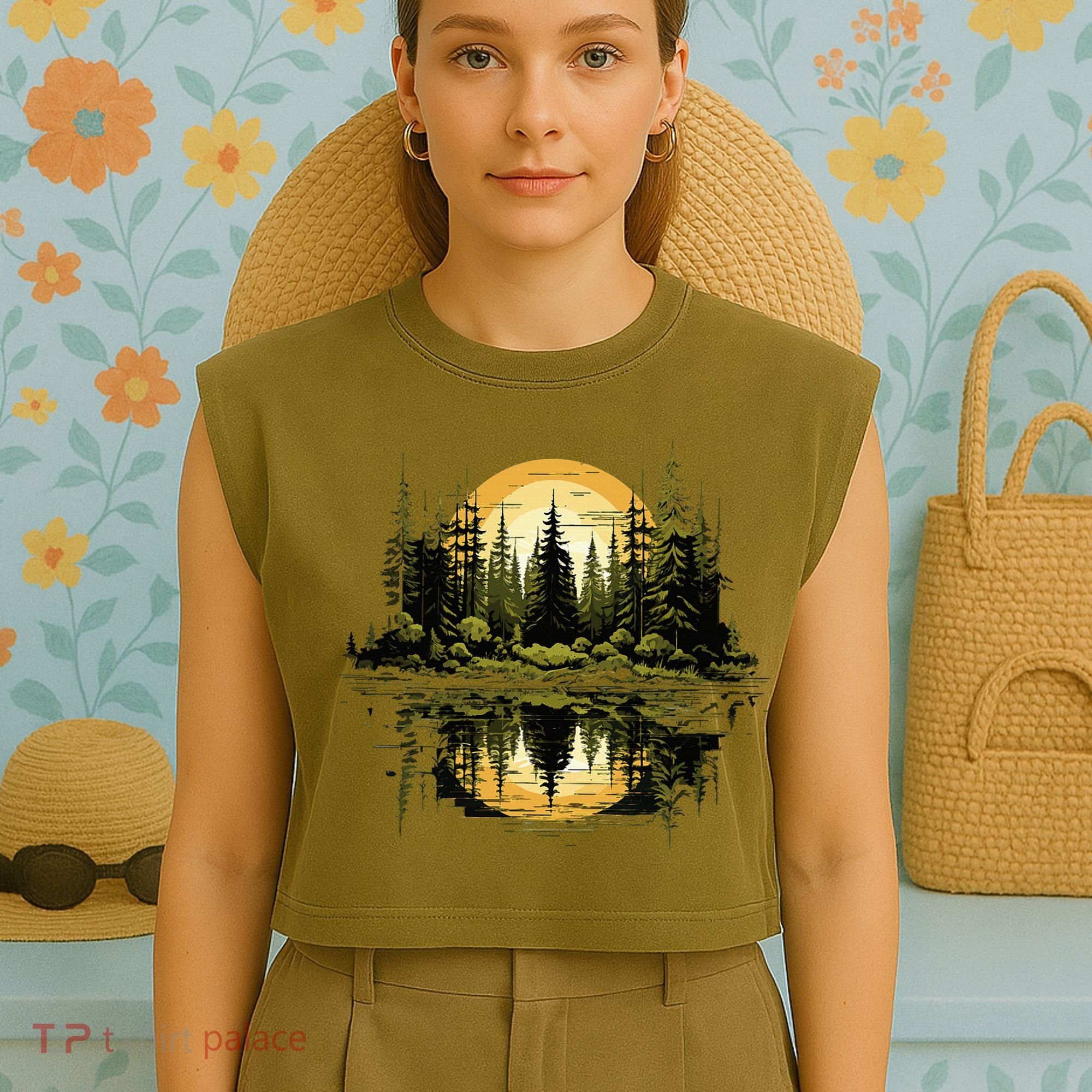 Nature Reflection Forest Trees Outdoor Wildlife Garment-Dyed Women's Muscle Tee