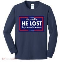No Really He Lost & You're In A Cult. Kids Long Sleeve Shirt thumb 0