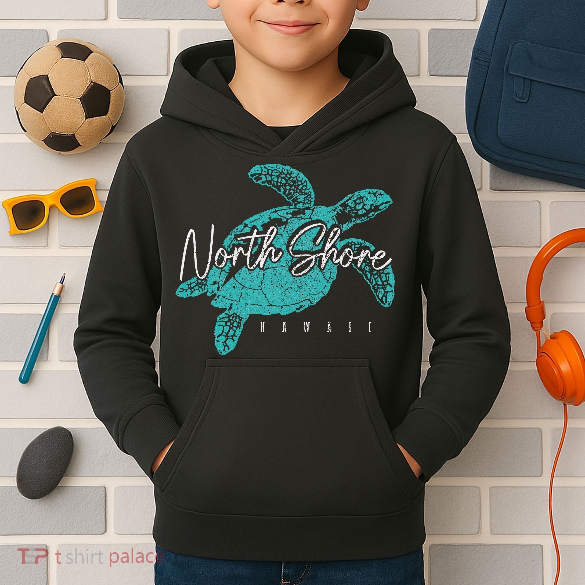 North Shore Beach Hawaii Surfer Diving Hawaiian Sea Turtle Kids Hoodie