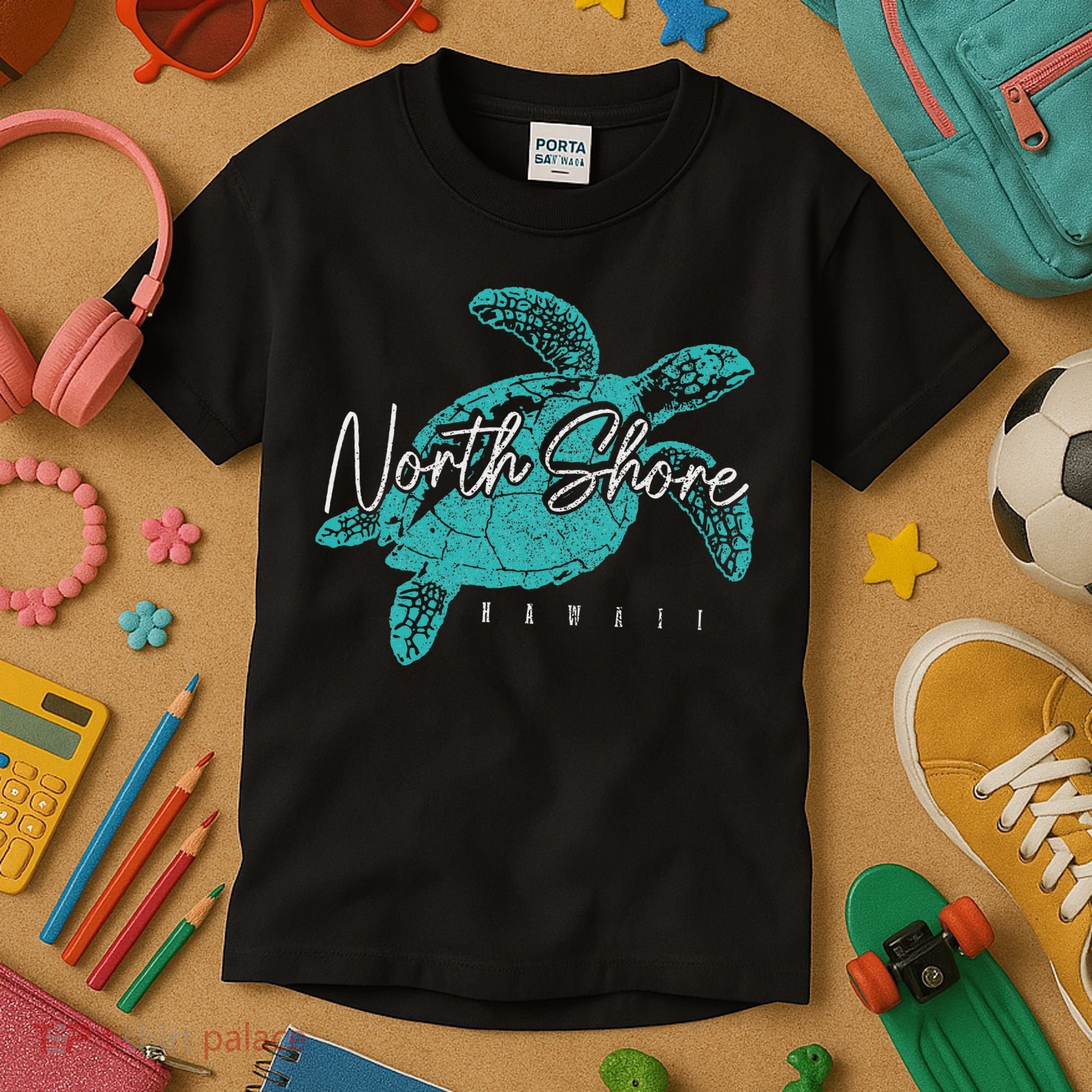 North Shore Beach Hawaii Surfer Diving Hawaiian Sea Turtle Kids T-Shirt