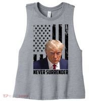 Never Surrender Donald Trump American Flag Mugshot Women's Racerback Cropped Tank thumb 0