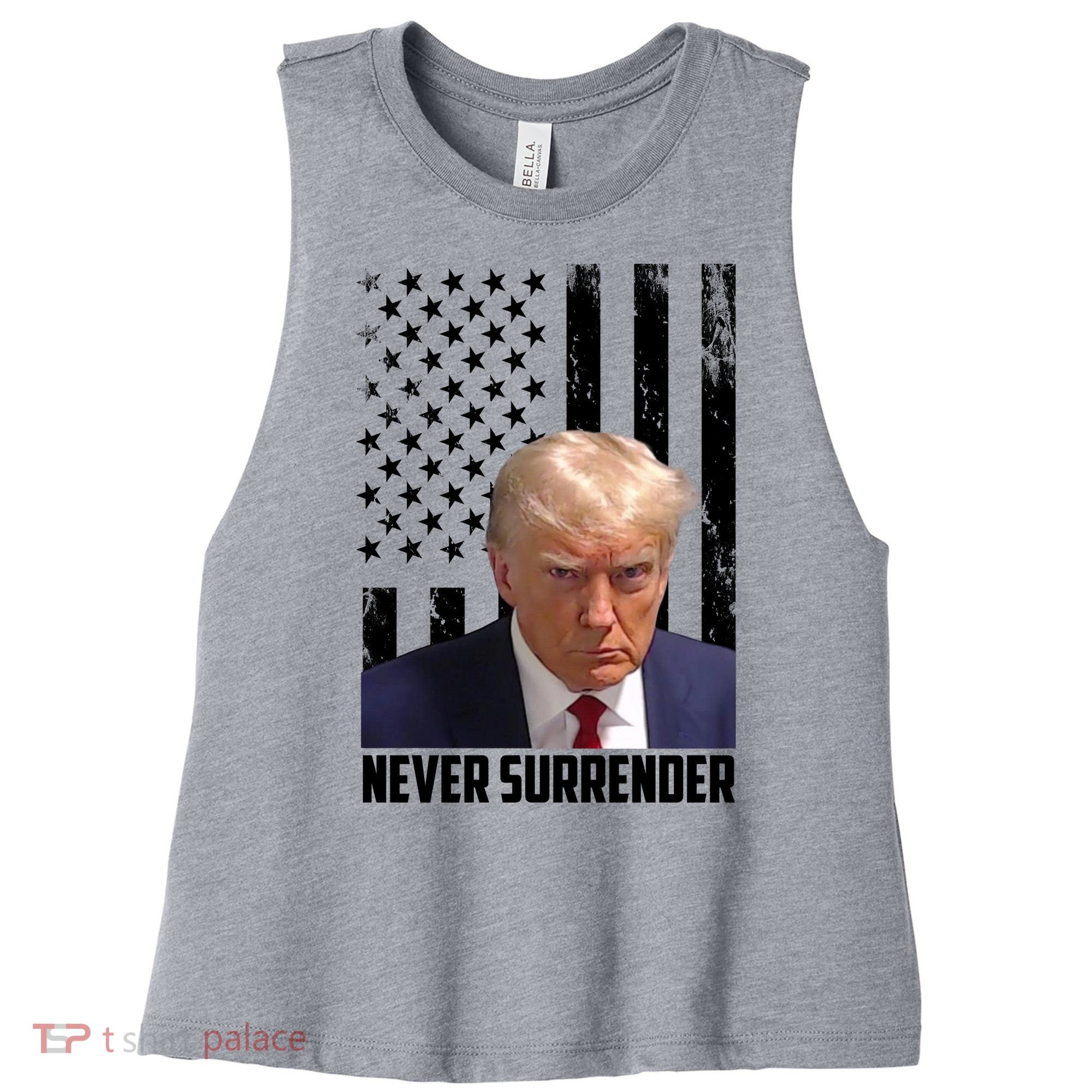 Never Surrender Donald Trump American Flag Mugshot Women's Racerback Cropped Tank