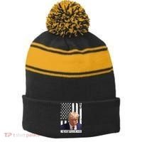 Never Surrender Donald Trump American Flag Mugshot Stripe Pom Pom Beanie thumb 0