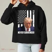 Never Surrender Donald Trump American Flag Mugshot Ladies Heavyweight Boxy Pullover Hoodie thumb 0